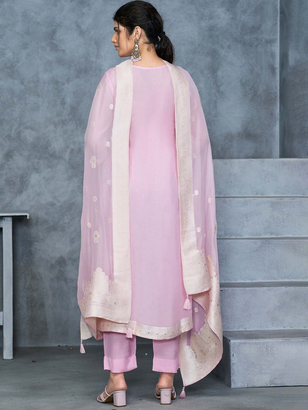 Label khoj Pure viscose organza jacqured with hand work kurta set
