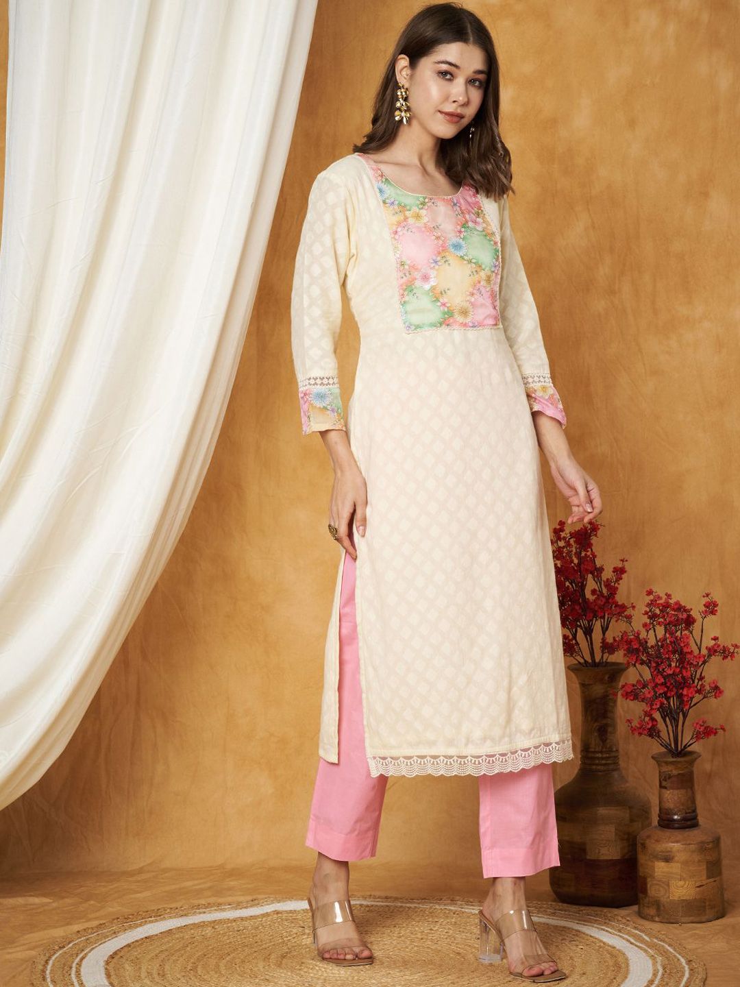 Label Khoj Women's Pink Cotton Jacquard Patch Work Kurta with Pant and Dupatta