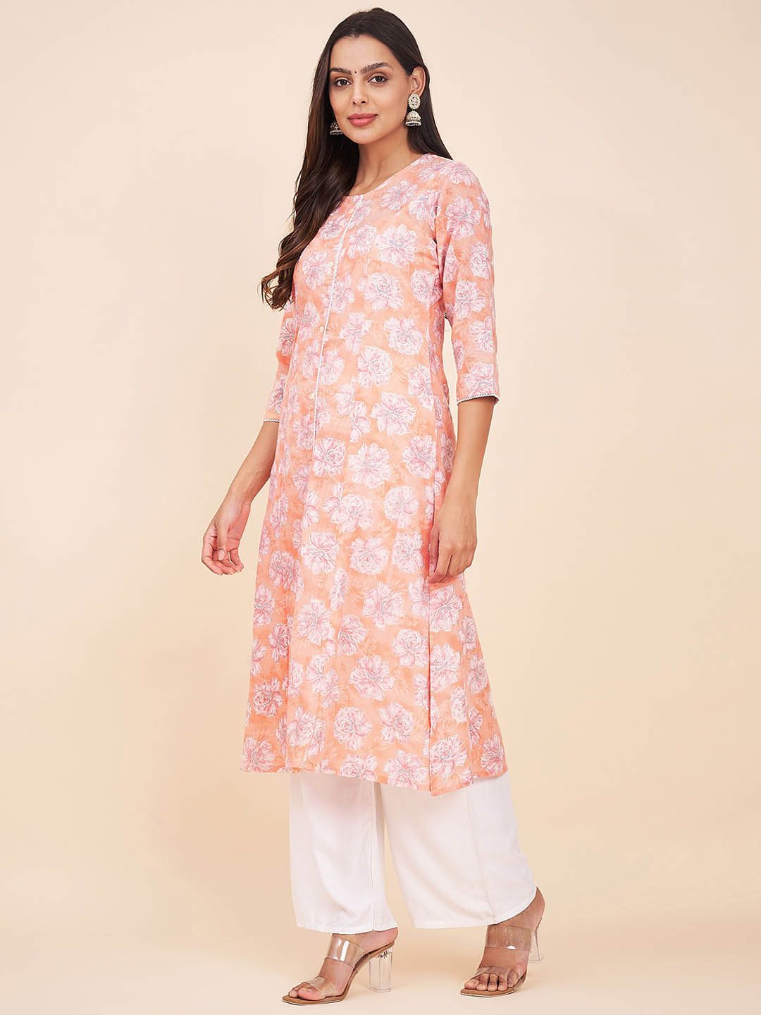 Label Khoj Women Cotton Orange Floral Kurta