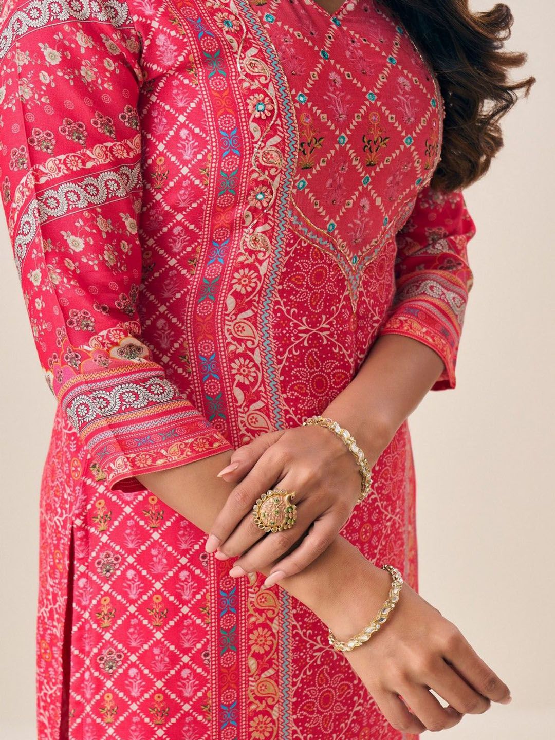 Label khoj Pure viscose maslin with hand work Kurta ,trouser and dupptta setRANI Color