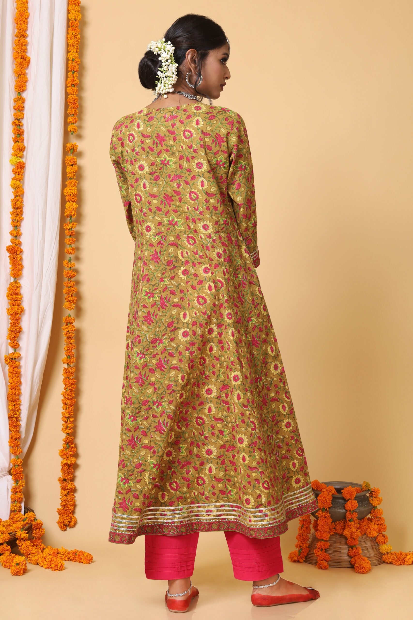 Mustard and Yellow Handblock Printed Anarkali With Bhandej Duppatta