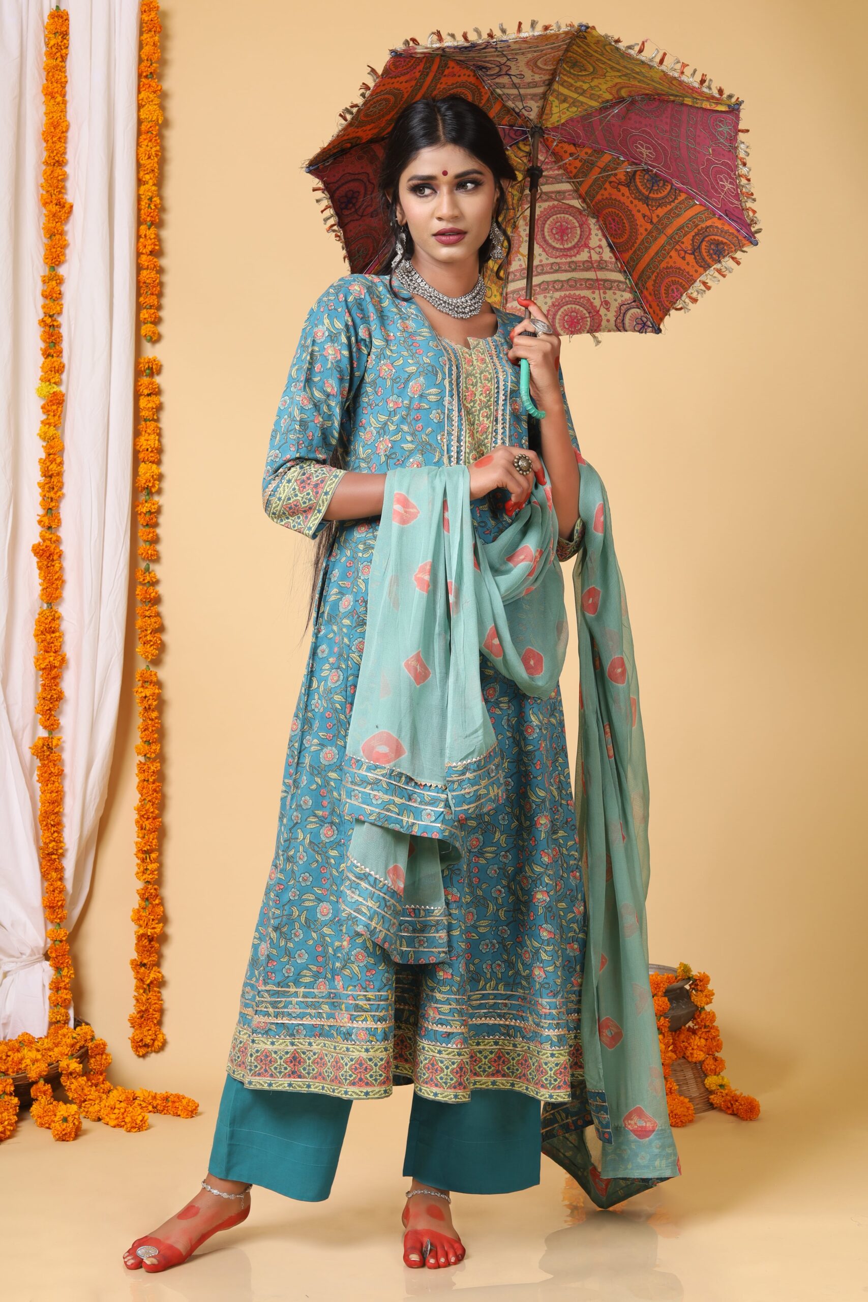 Teal Green and peach handblock printed anarkali with Chiffon Duppatta