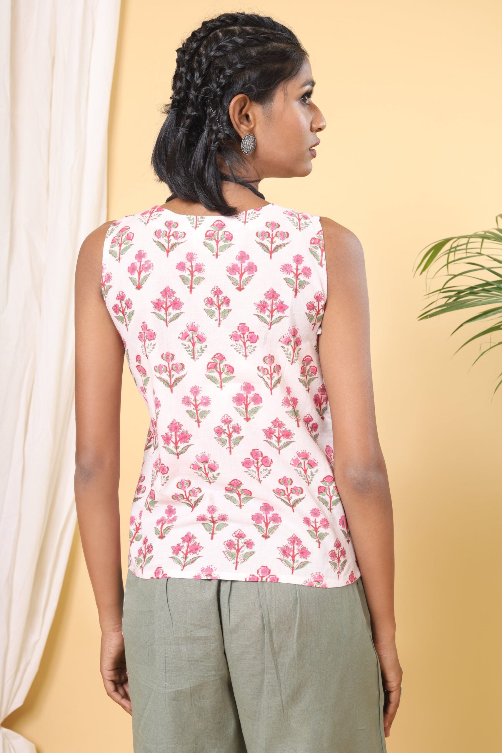 Flamingo Pink Handblock Printed Floral Double Top