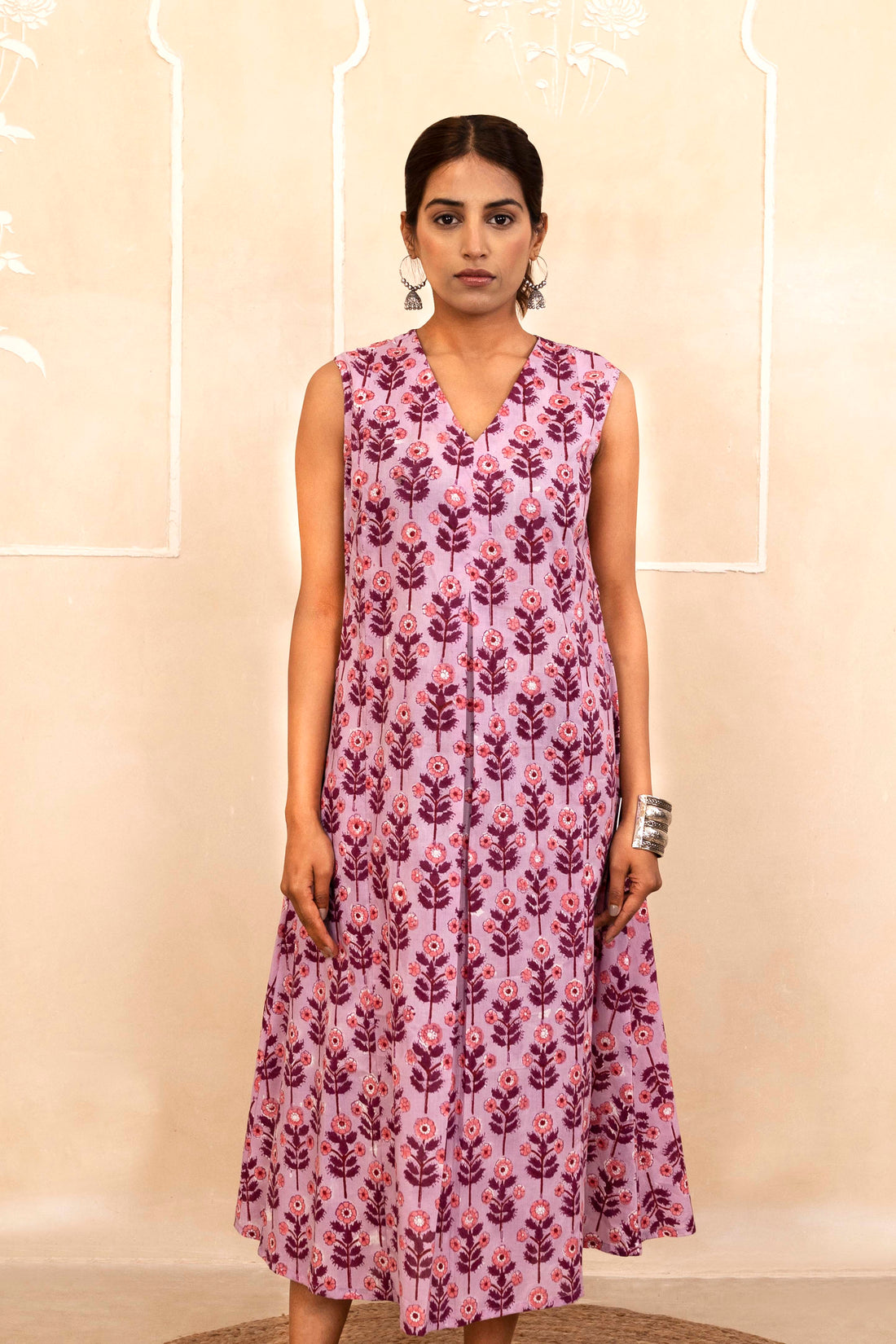 Lilac Bloom Handblock A-Line Dress