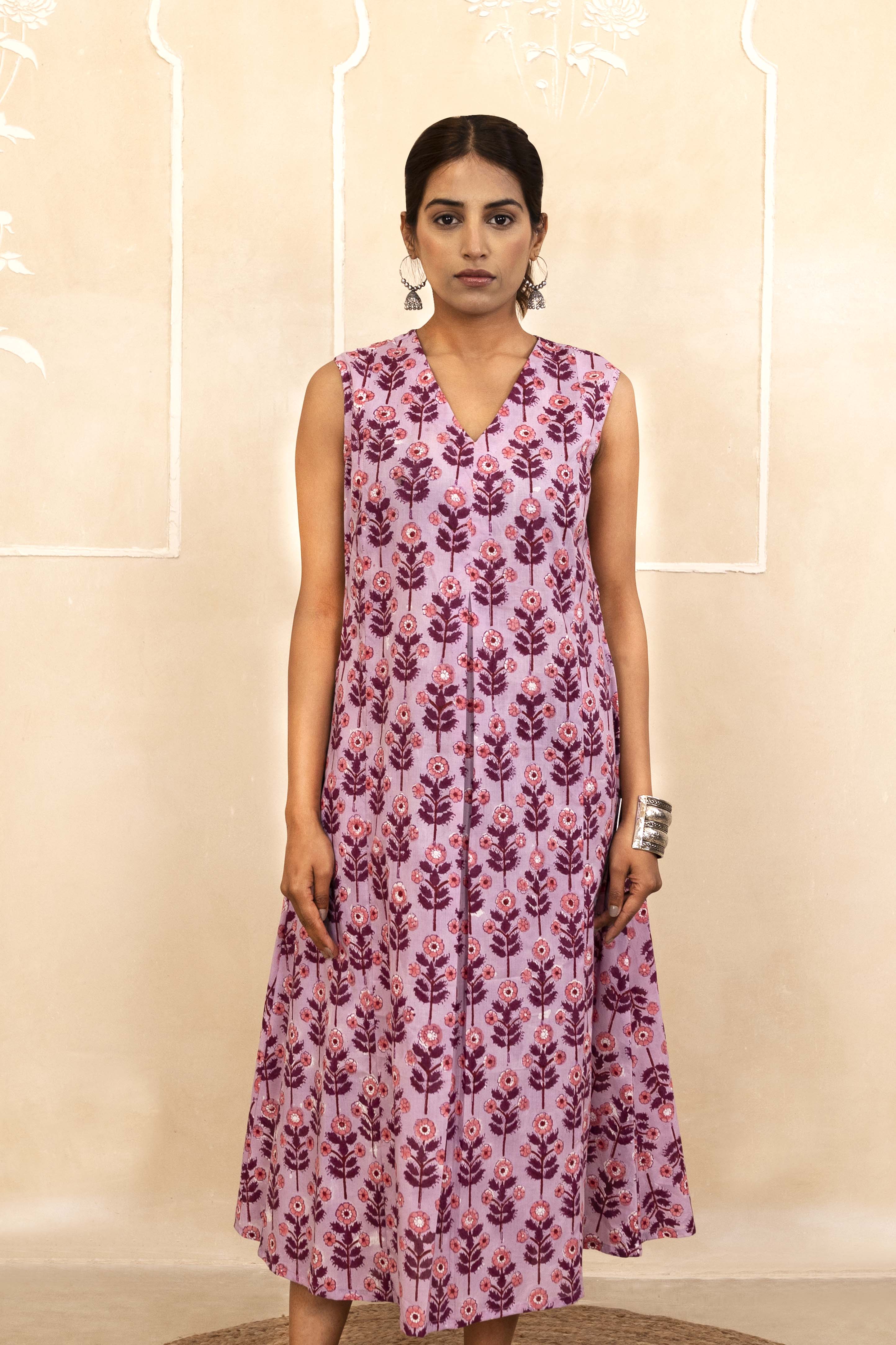 Lilac Bloom Handblock A-Line Dress
