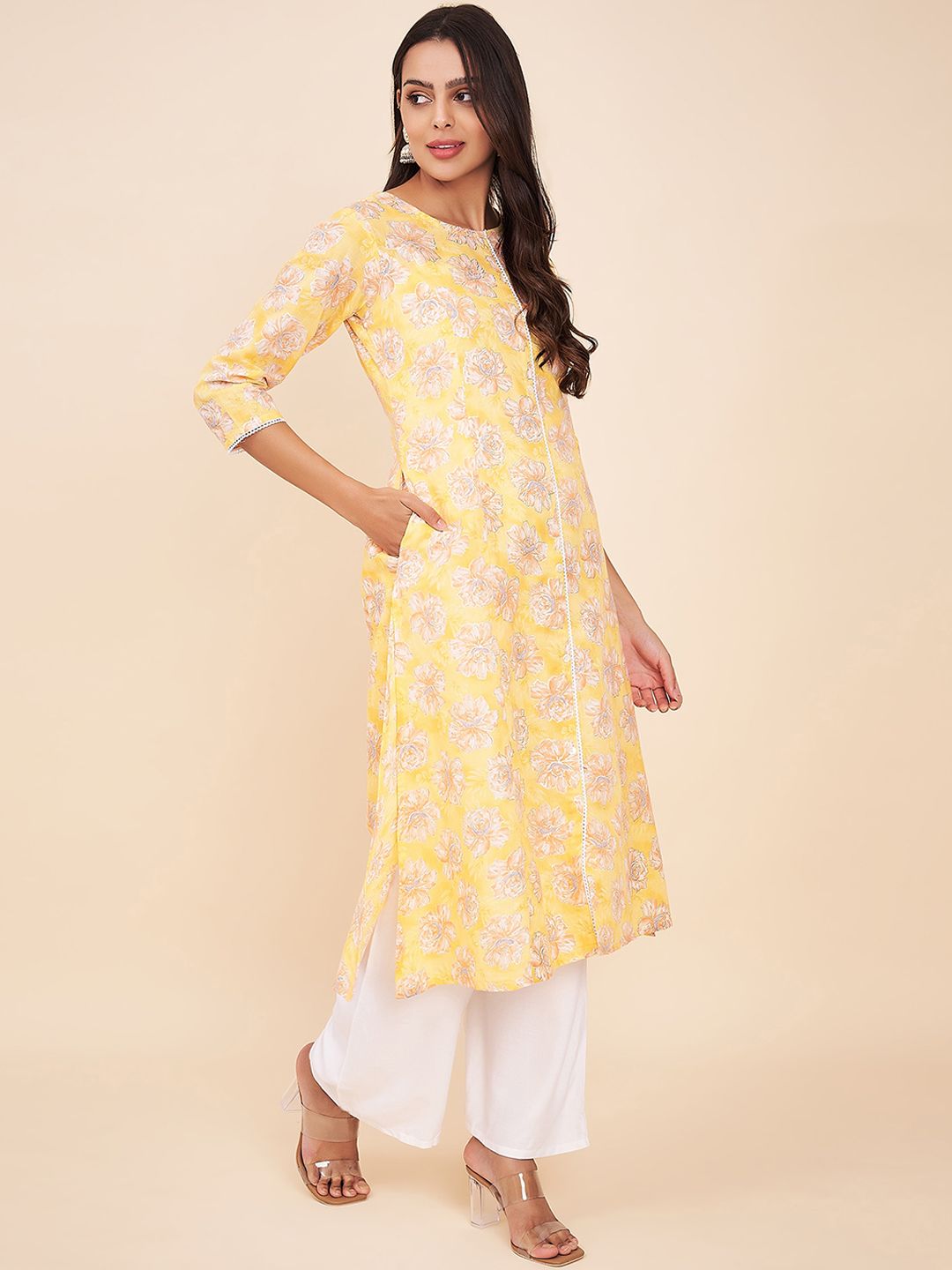 Label Khoj Women Cotton Yellow Floral Kurta