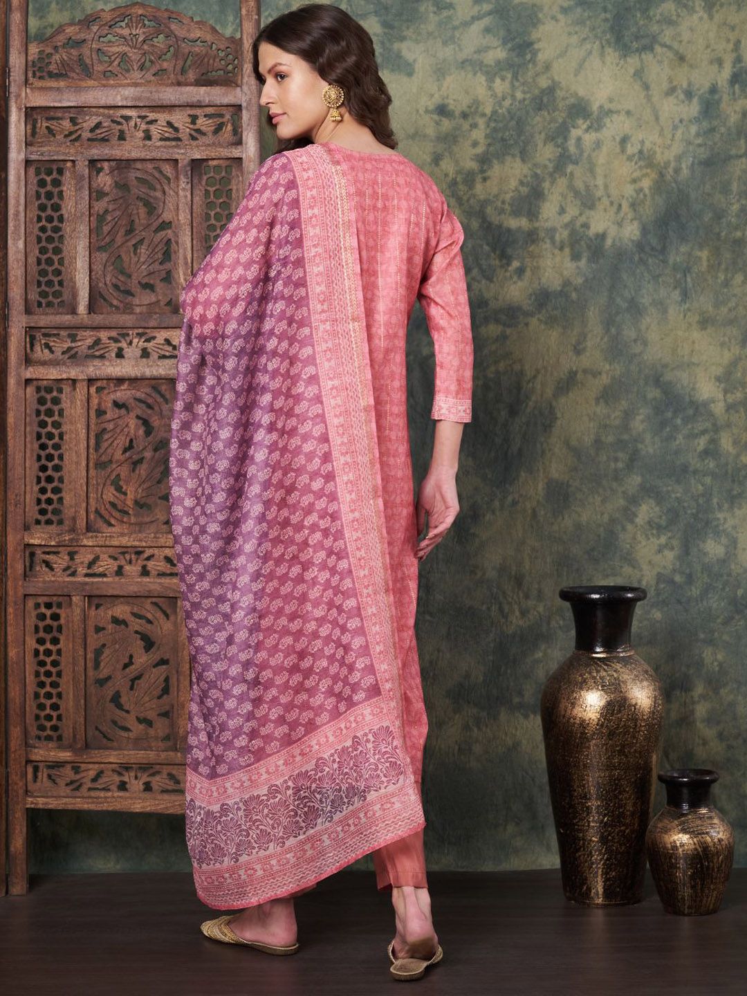 Label Khoj Women's Peach Chanderi Embroidered Kurta with Pant and Peach Dupatta