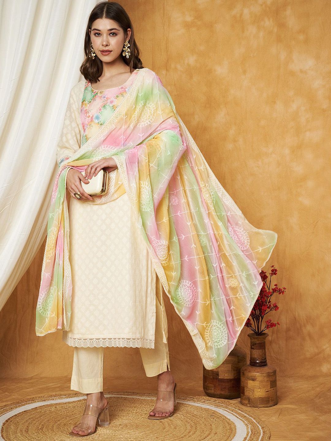 Label Khoj Women's Off White Cotton Jacquard Patch Work Kurta with Pant and Dupatta