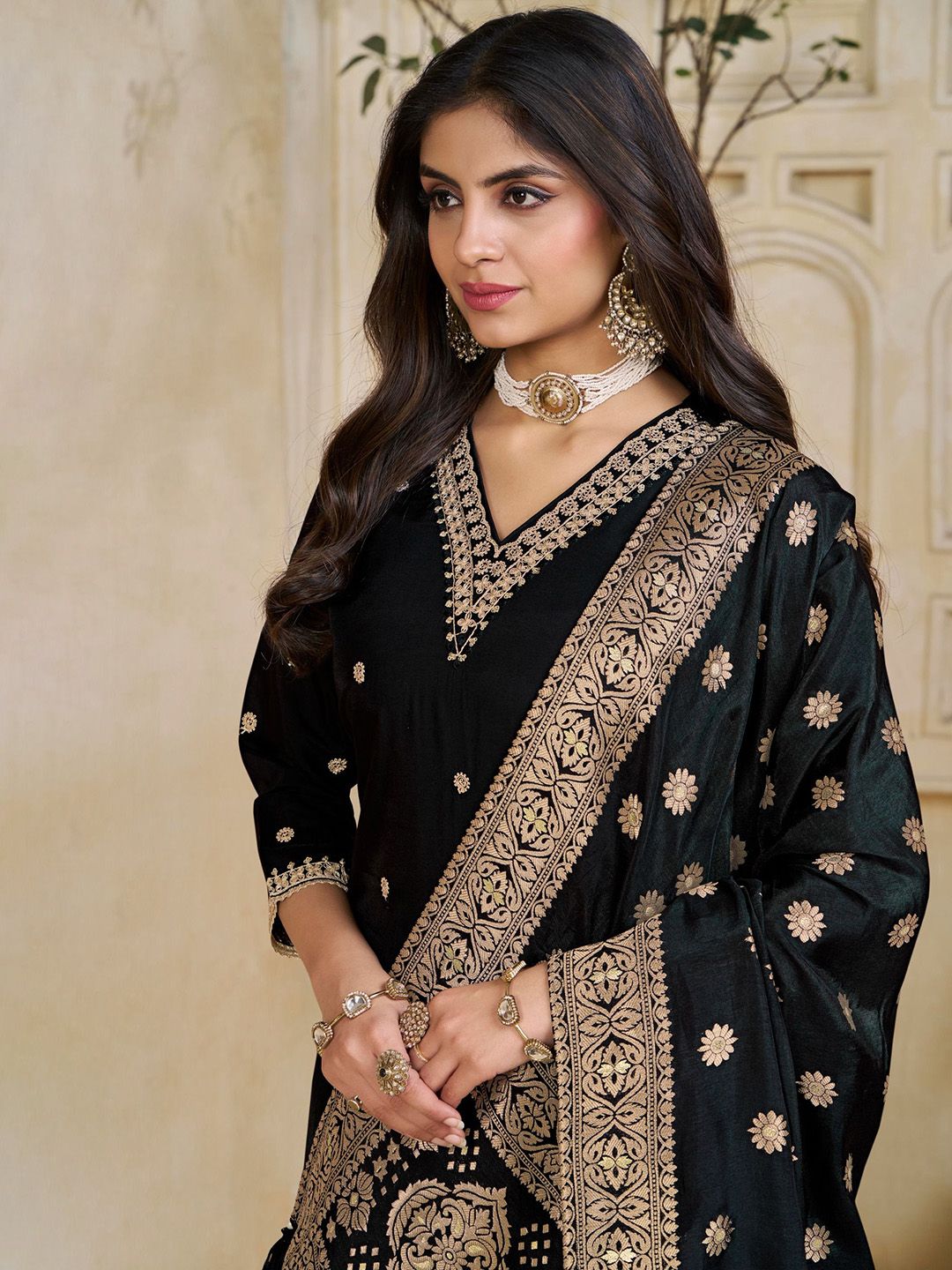 Label Khoj Women Roman Silk Embroidery  Work Black Color Kurta & Bottom With Dupatta  Set