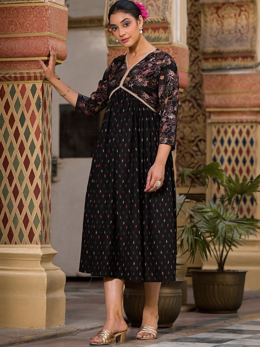 Label Khoj Women Rayon print A line Alia kurta with Pocket