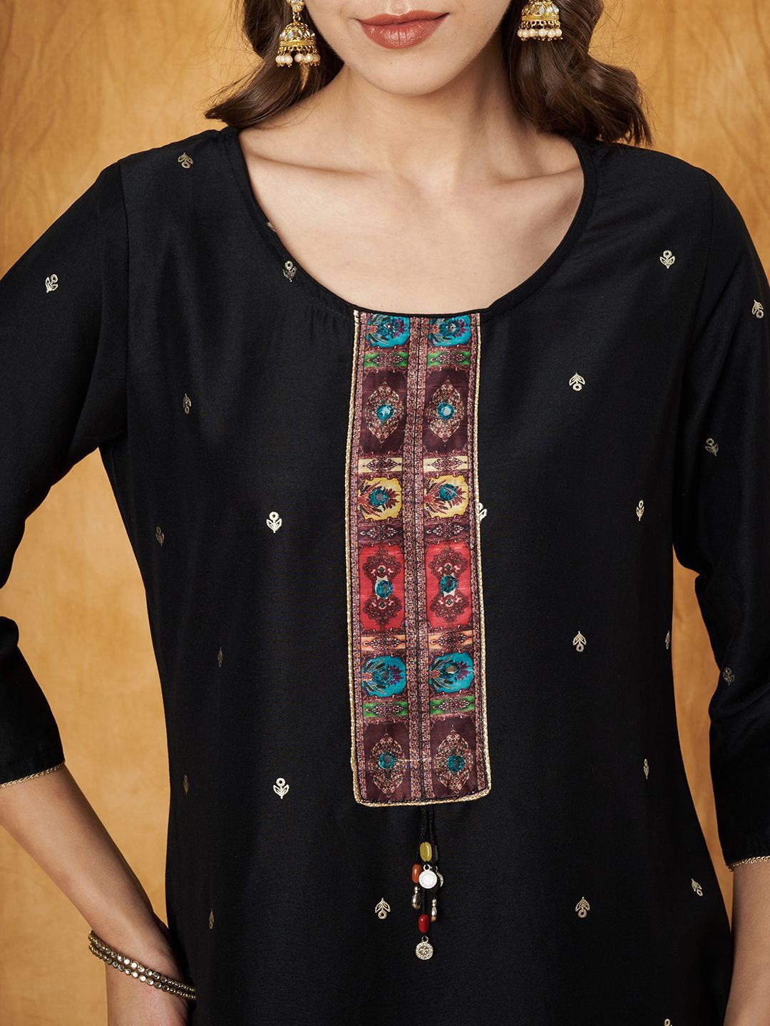Label Khoj Women's Black Chinon Hand Embroidery Kurta with Pant and Dupatta