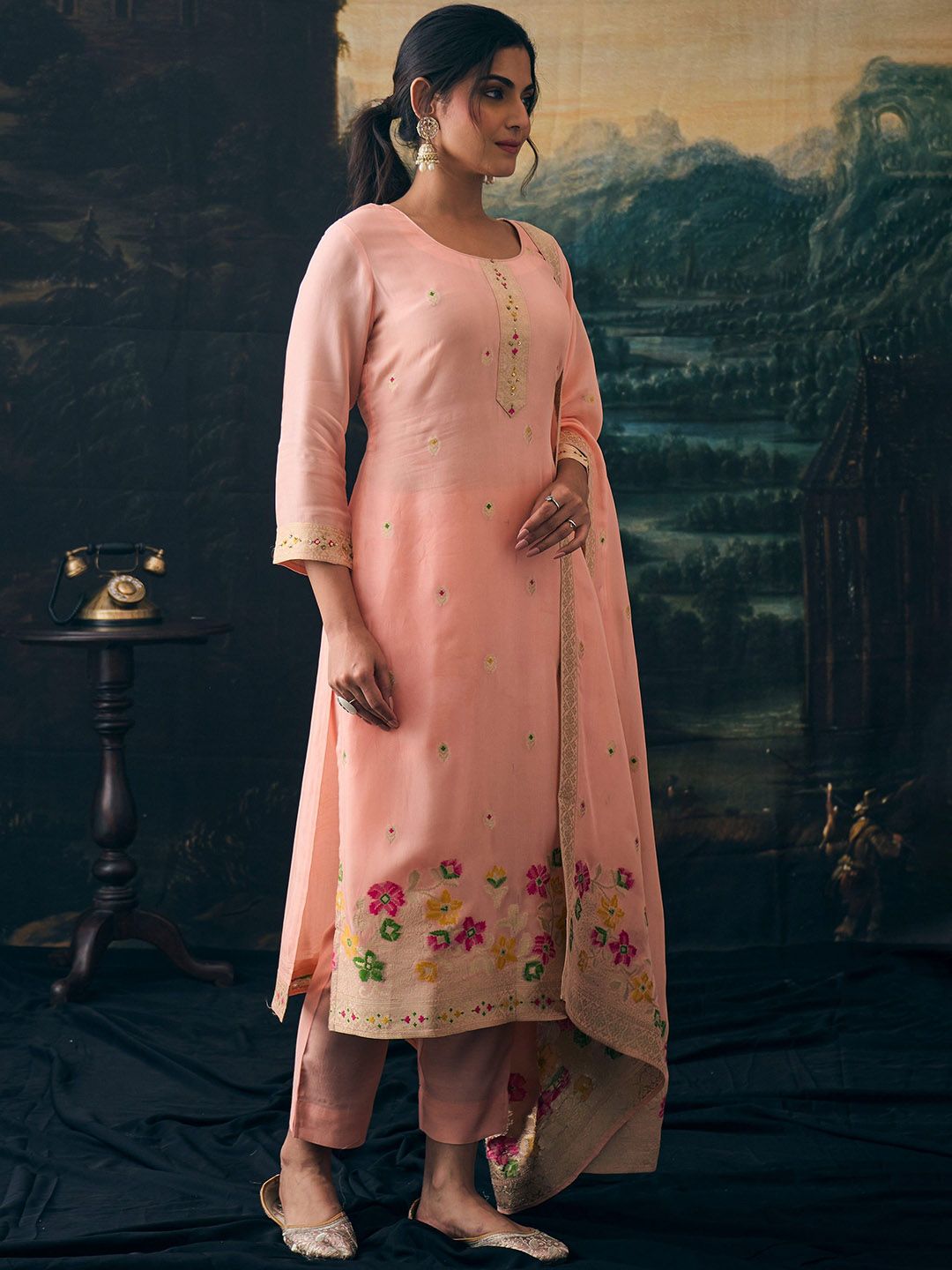 Label khoj Pure viscose Georgette silk with heavy Meena and handwork kurta set