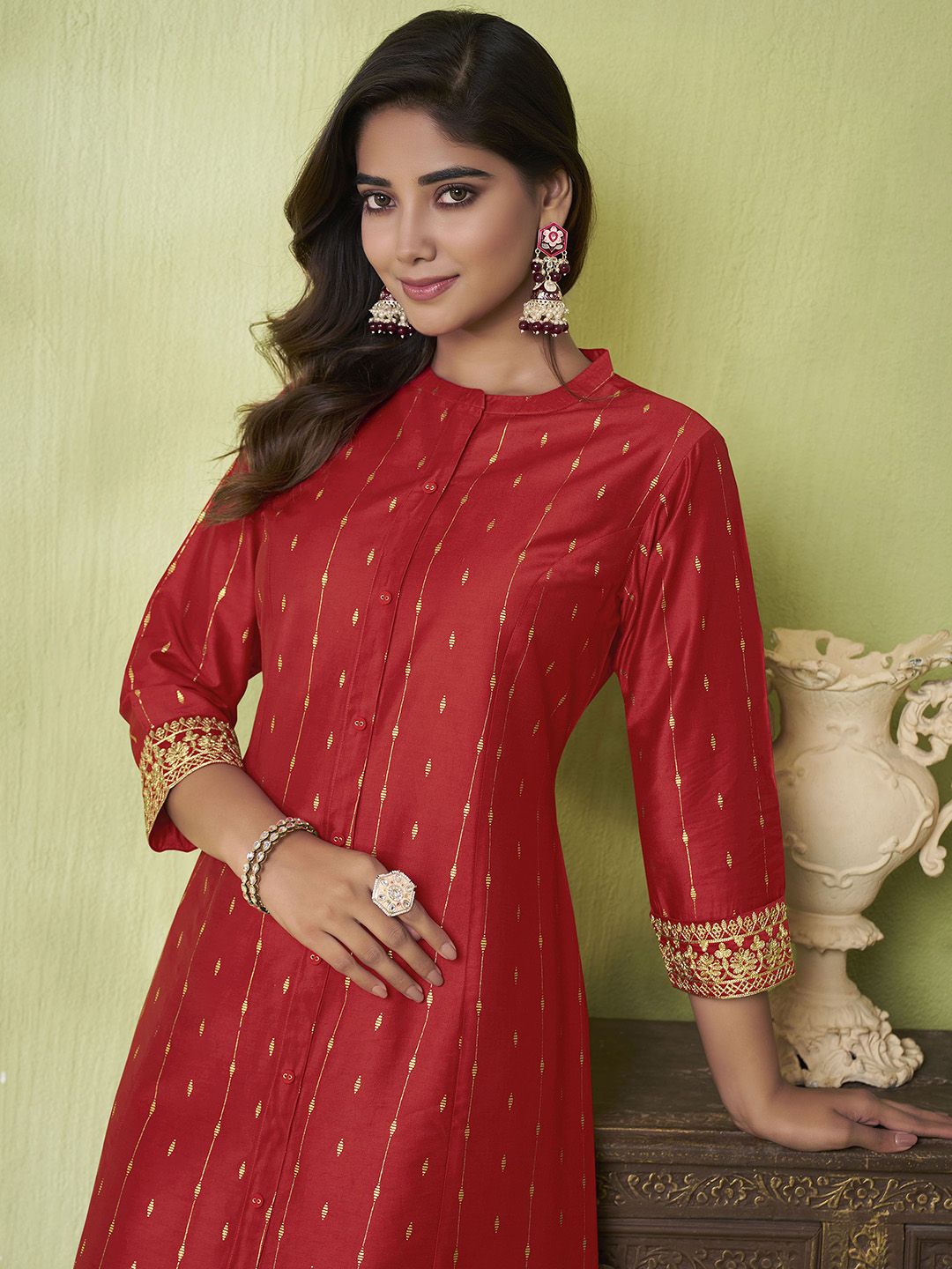 Label Khoj Women Cotton Slub Embroidery , Foil Print Work Red Color Kurta & Bottom Set