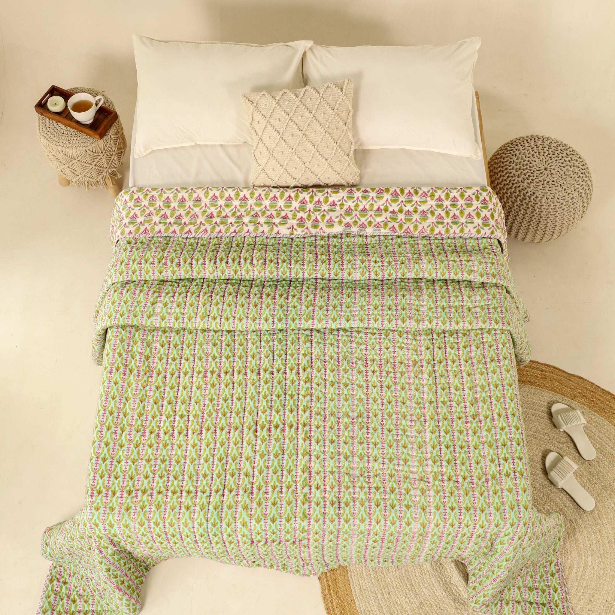 Light Green Reversible Quilted Bed Razai