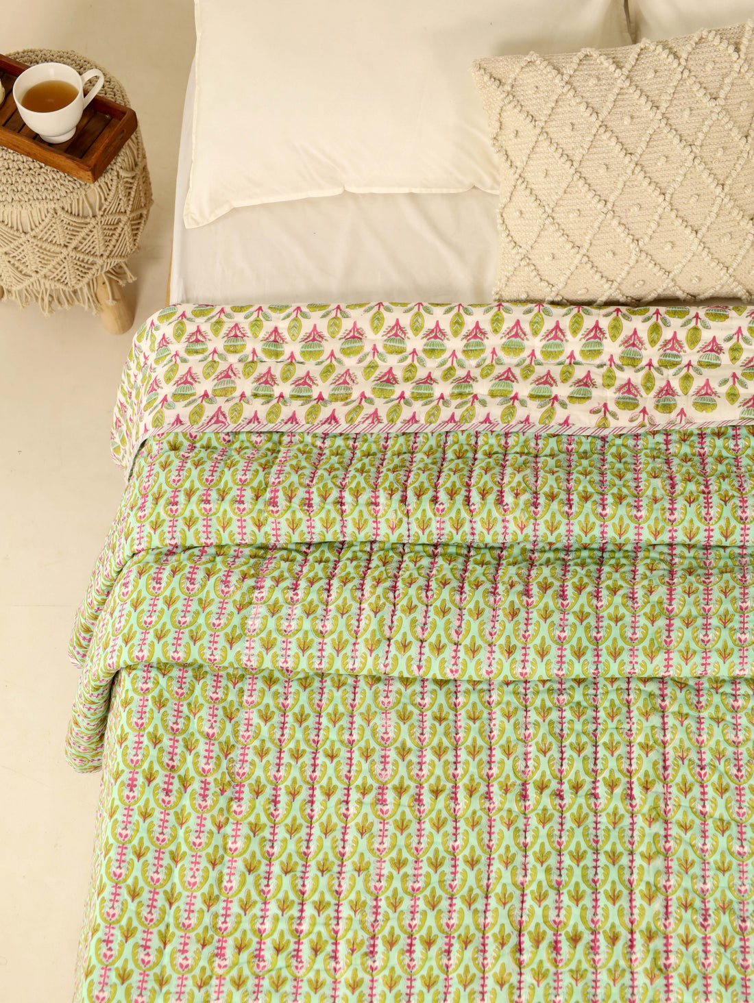 Light Green Reversible Quilted Bed Razai