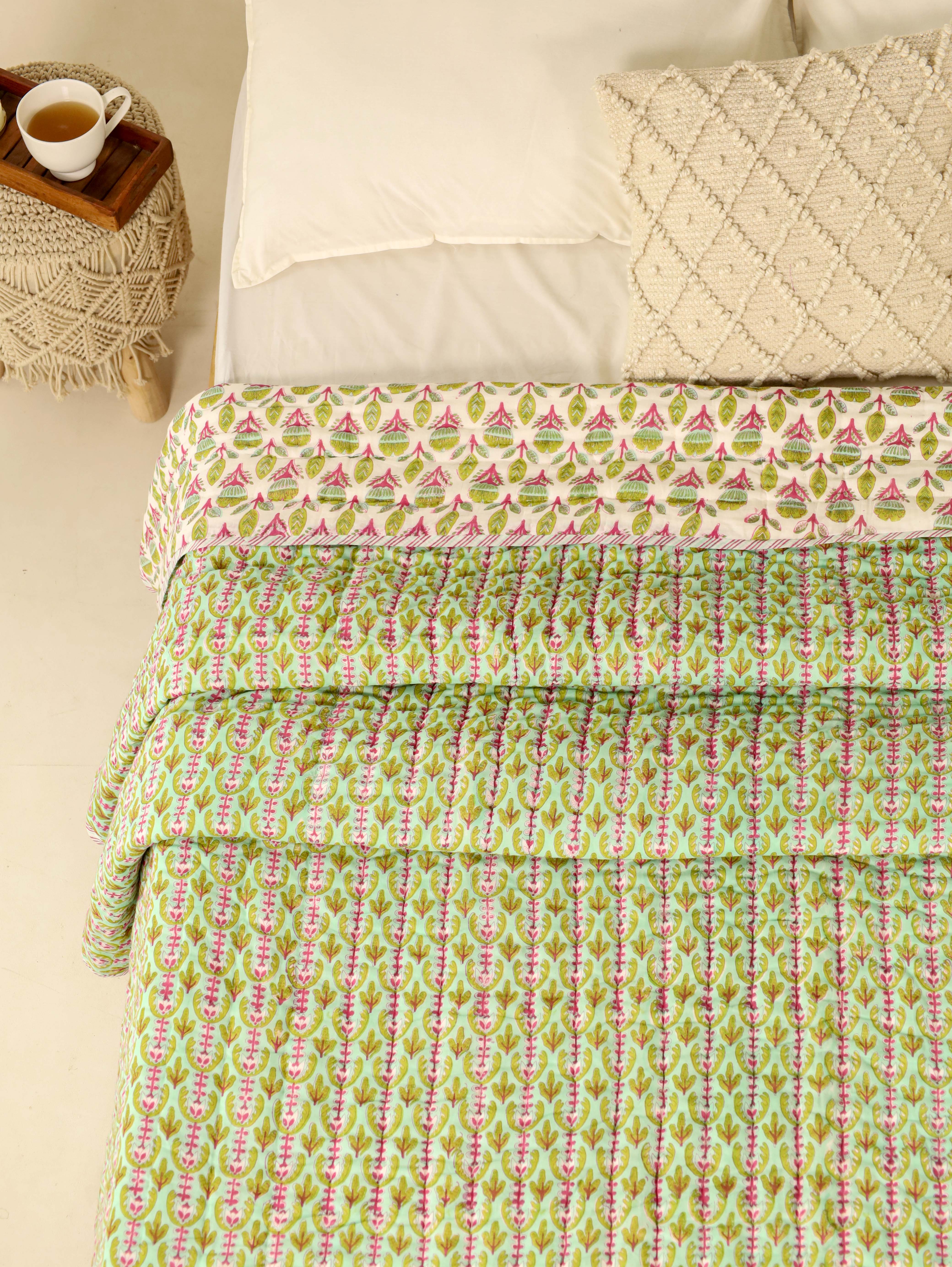 Light Green Reversible Quilted Bed Razai