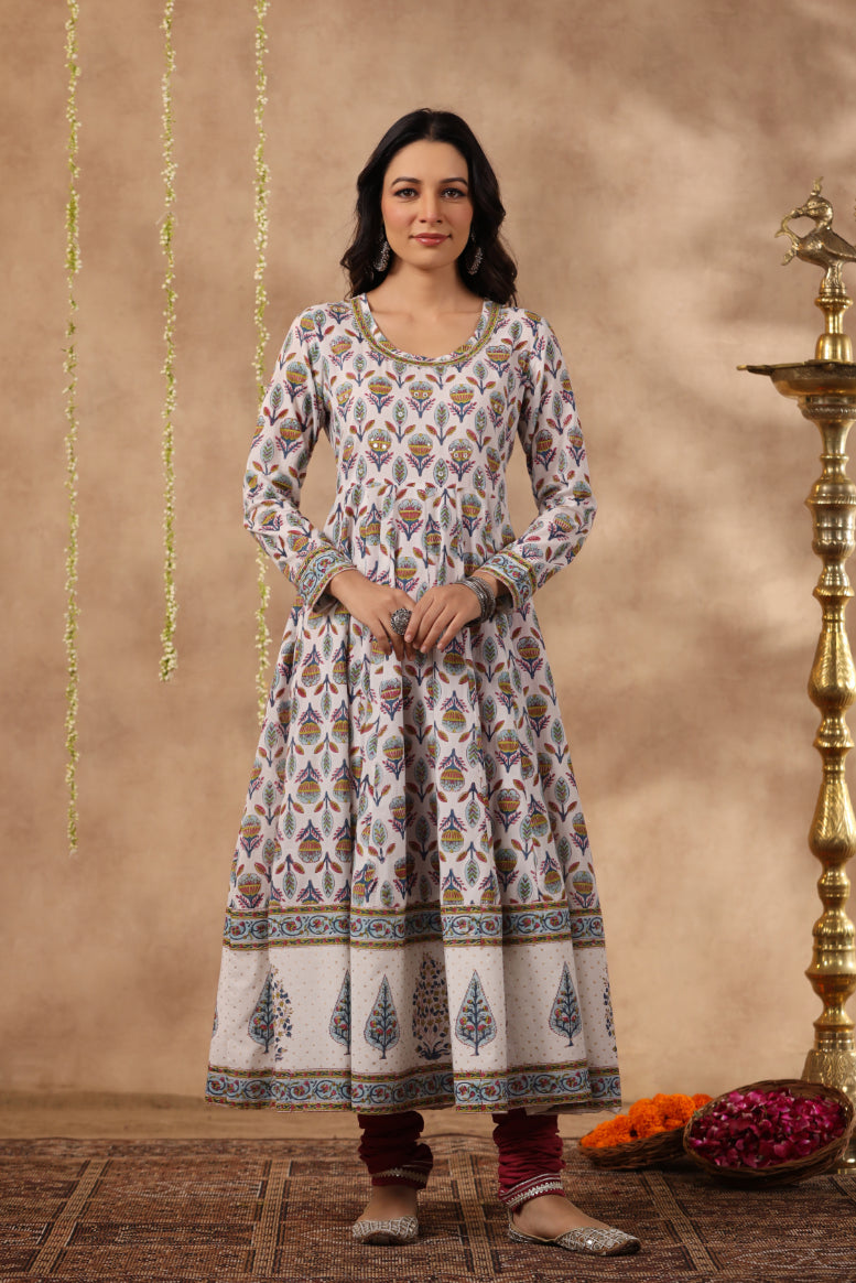 Shuddhi White and Teal aNarkali Kurta with Chanderi Duppata