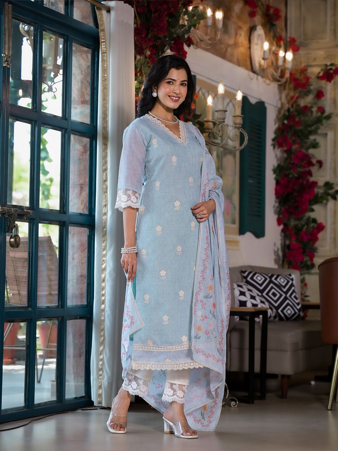 Label Khoj Women Lilen Digital print kurta, trouser and dupptta set