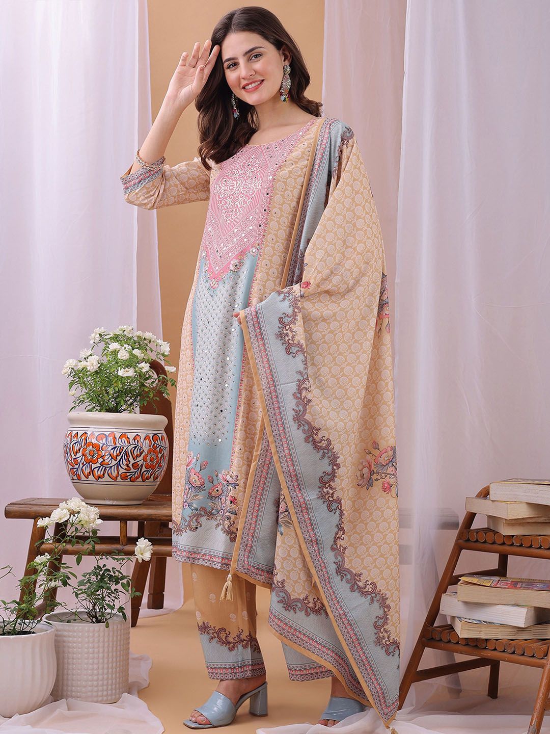 Label Khoj Women's Peach Silk Blend Handwork Kurta with Pant and Peach Dupatta