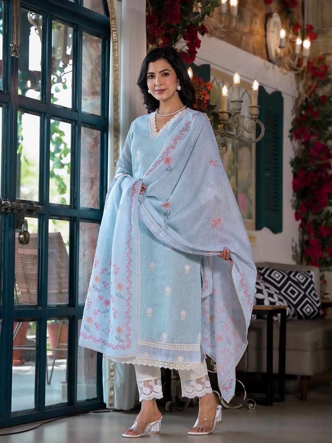 Label Khoj Women Lilen Digital print kurta, trouser and dupptta set