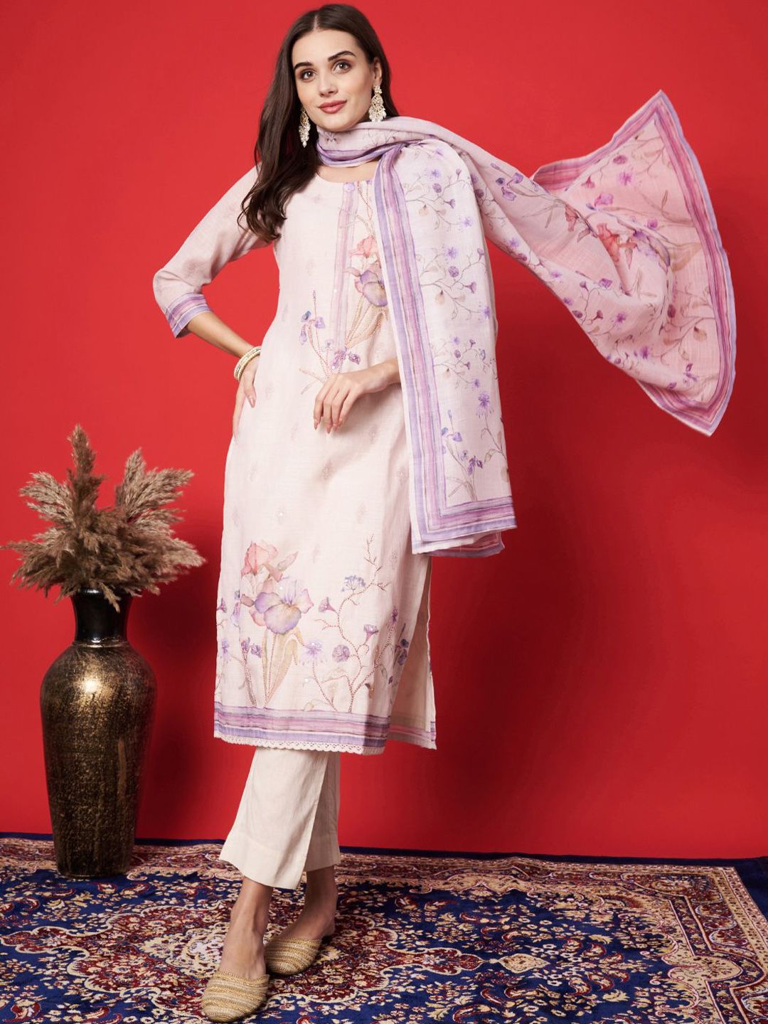Label khoj cotton kurta with bottom and dupptta setCream Color