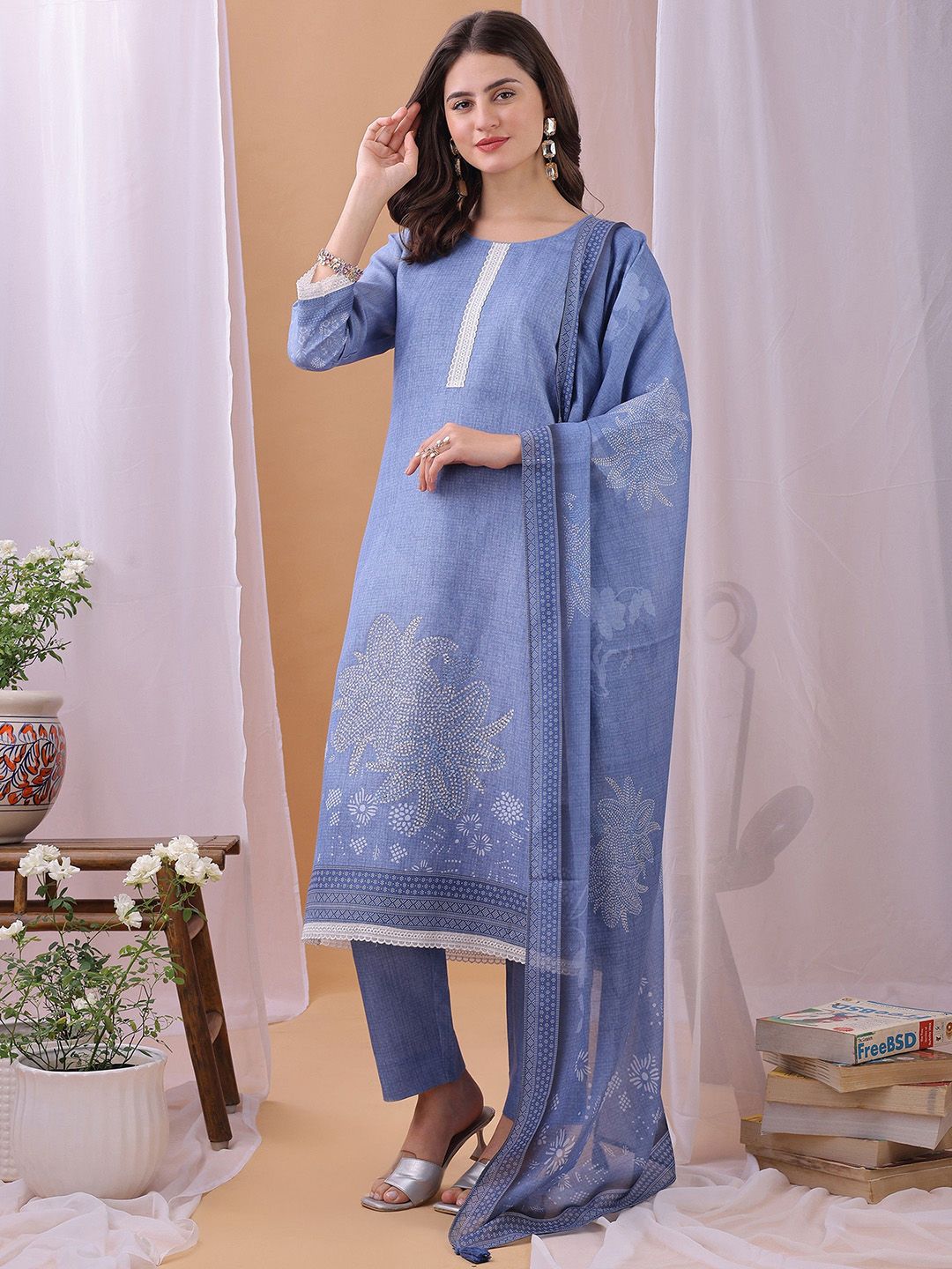 Label Khoj Women's Blue Linen Digital Printed With Stone Work Kurta with Pant and Blue Dupatta