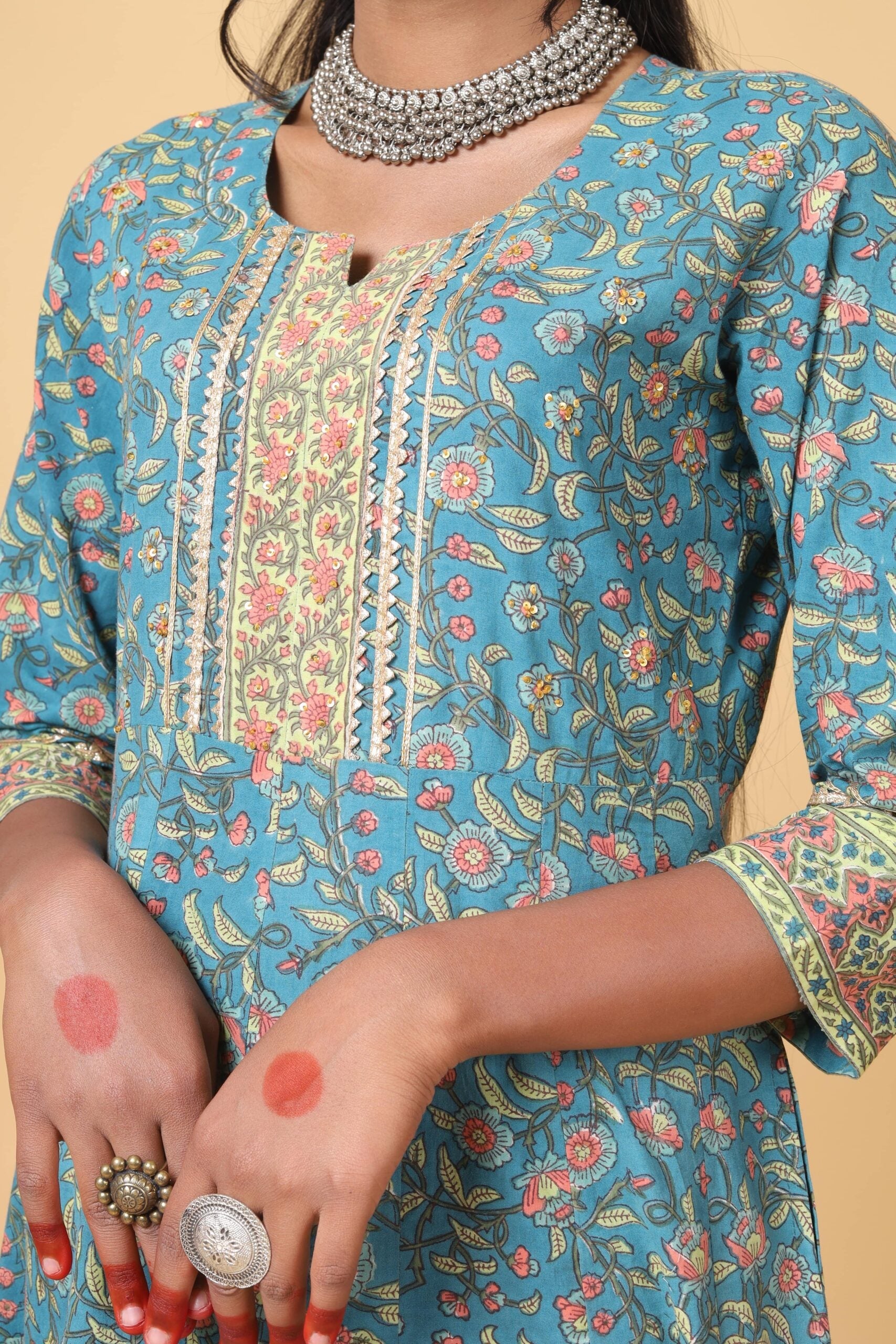 Teal Green and peach handblock printed anarkali with Chiffon Duppatta