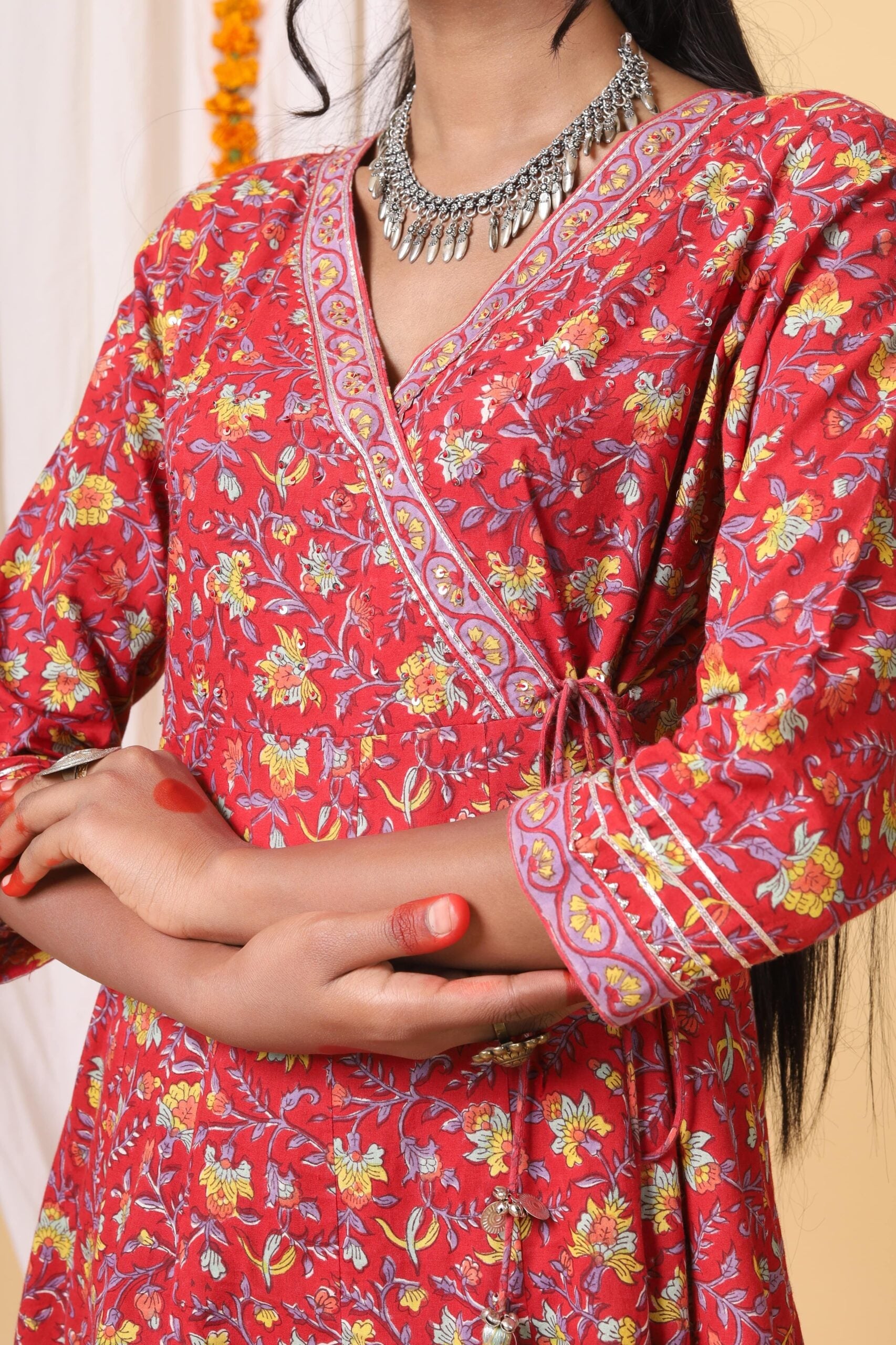 Red and Yellow Handblock Printed Anarkali with Kota Duppatta