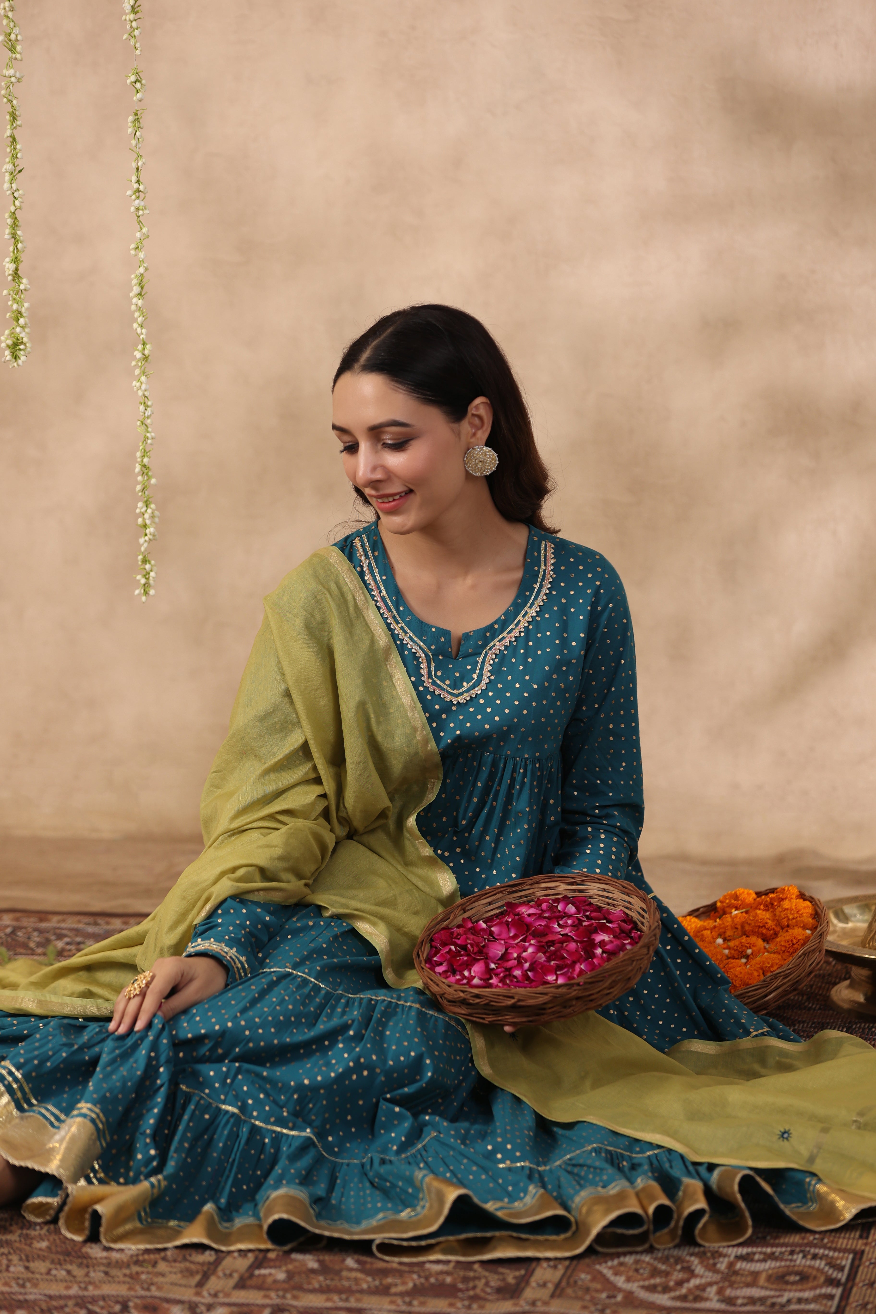 Shuddhi Teal Green tier kurta with chuddidar and duppatta