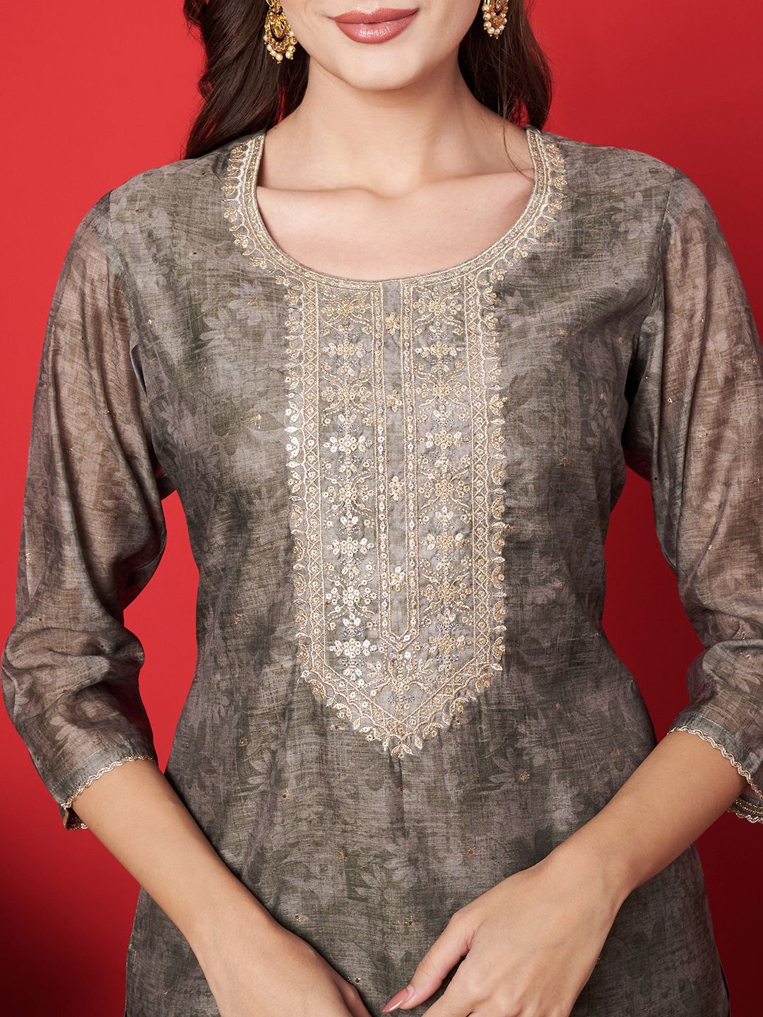 Label khoj chanderi kurta with bottom and dupptta setGreen Color