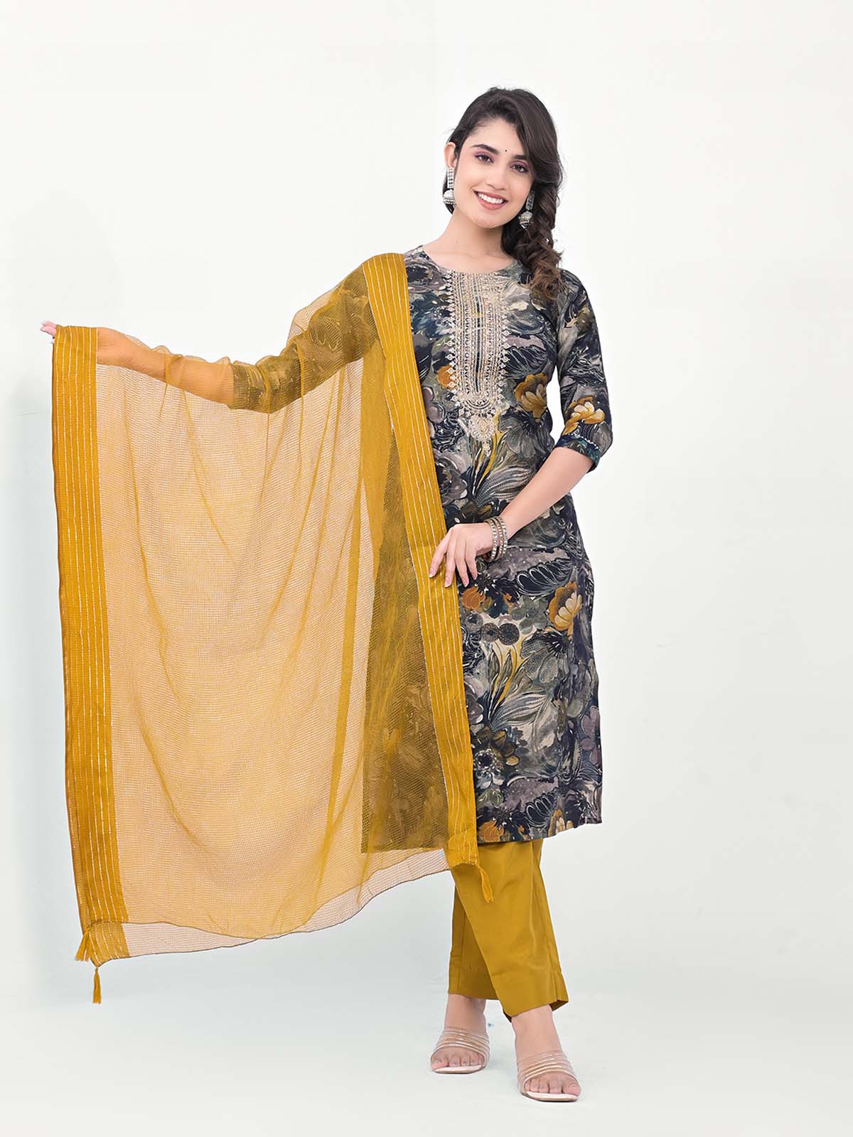 Label Khoj Women Silk blend Kurta ,trouser and dupptta set