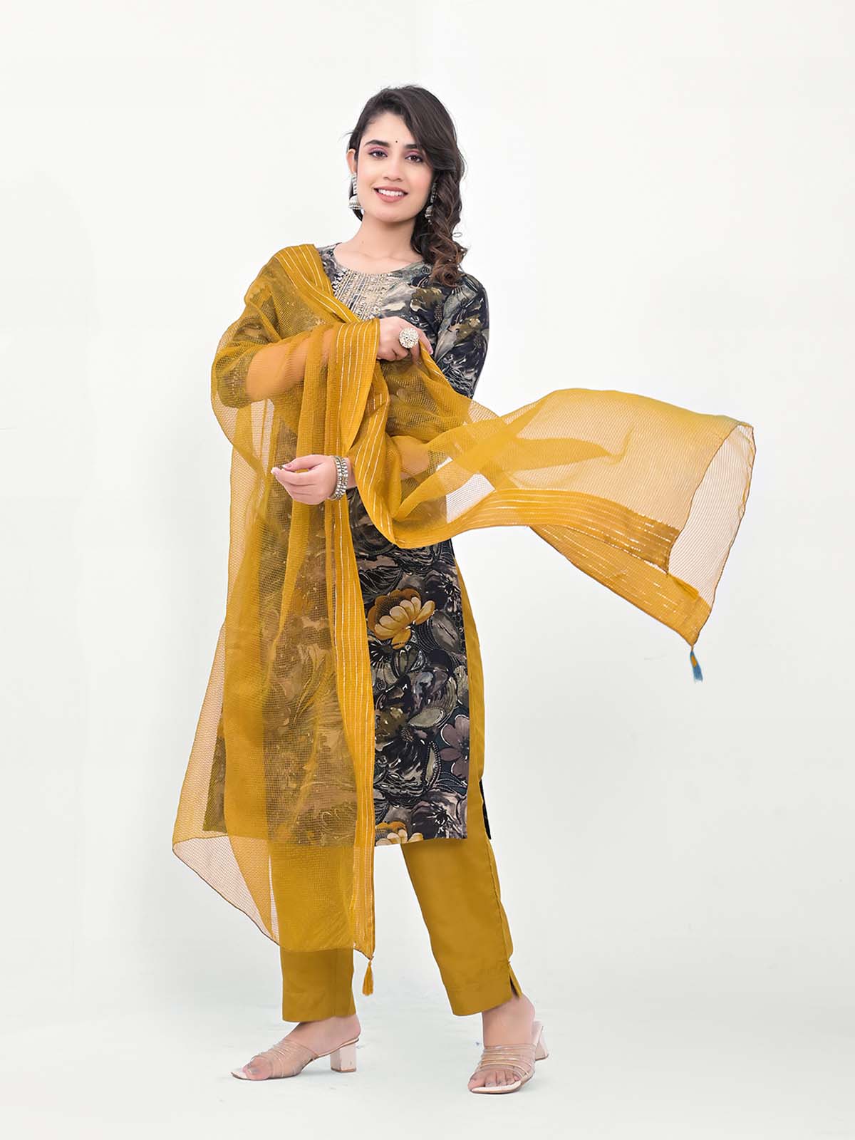Label Khoj Women Silk blend Kurta ,trouser and dupptta set