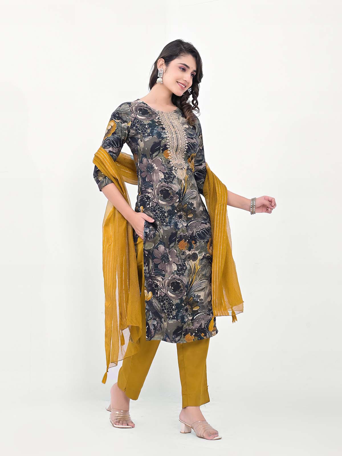 Label Khoj Women Silk blend Kurta ,trouser and dupptta set