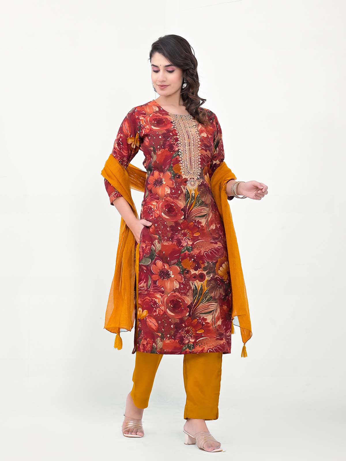 Label Khoj Women Silk blend Kurta ,trouser and dupptta set