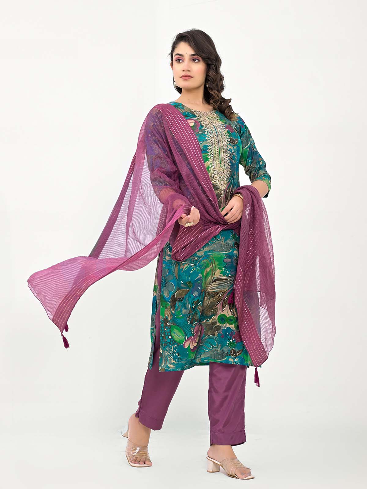 Label Khoj Women Silk blend Kurta ,trouser and dupptta set
