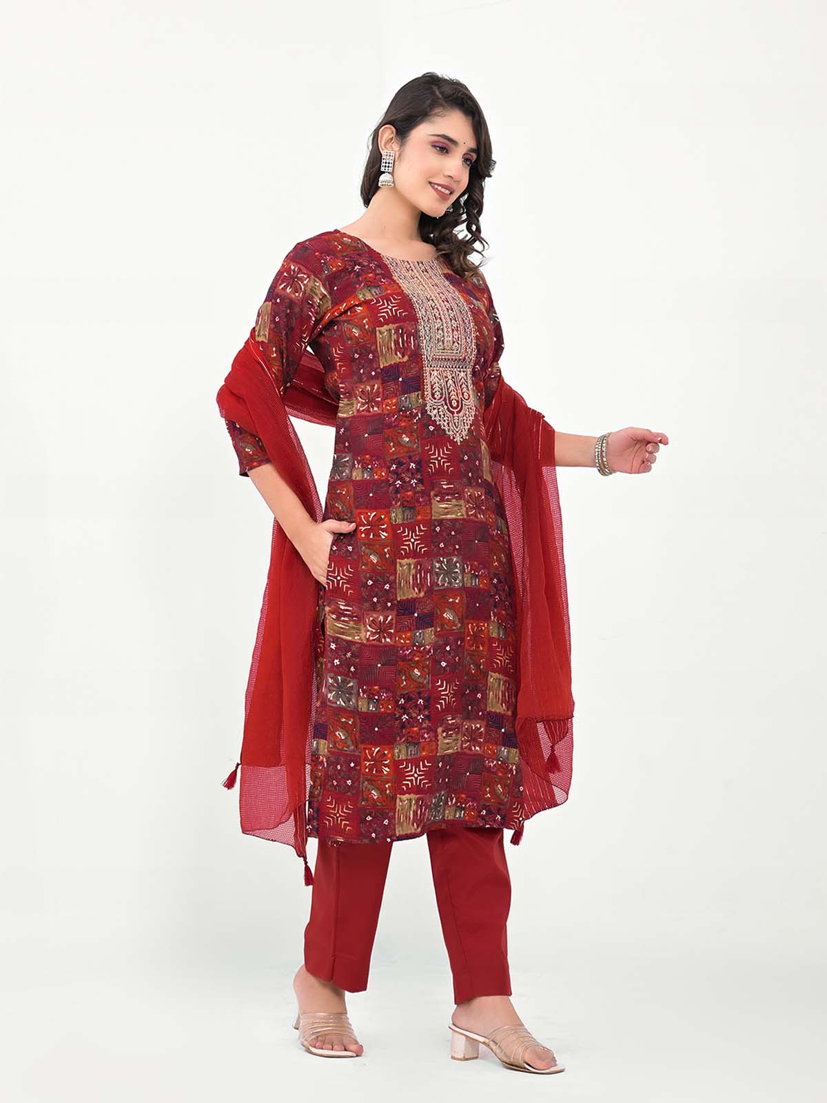 Label Khoj Women Silk blend Kurta ,trouser and dupptta set
