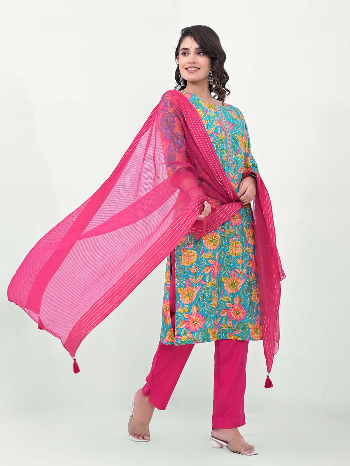 Label Khoj Women Silk blend Kurta ,trouser and dupptta set
