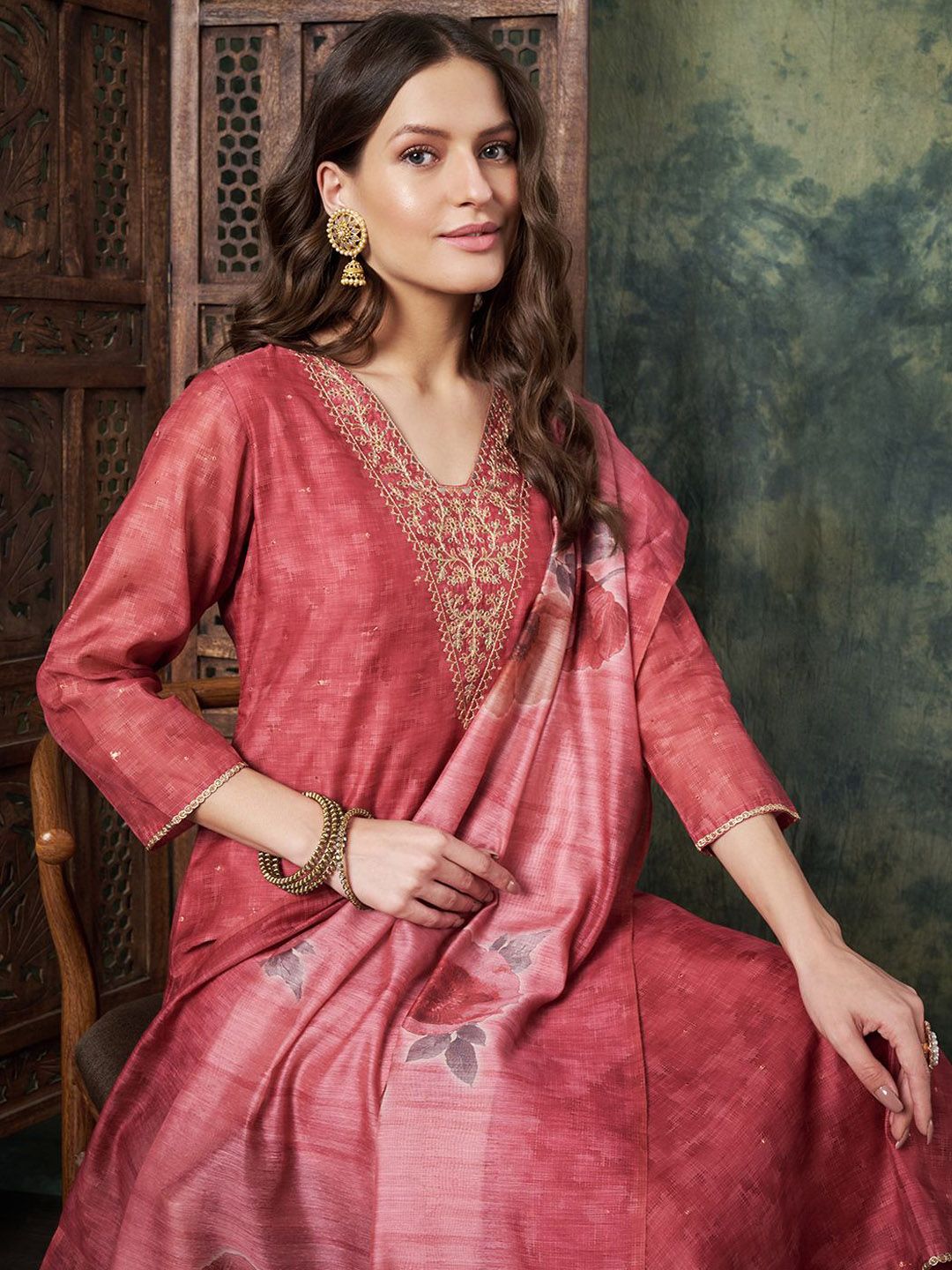 Label Khoj Women's Red Chanderi Embroidered Kurta with Pant and Red Dupatta