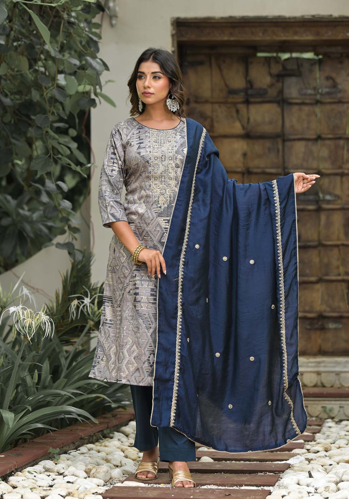 Label Khoj Women Jam satin Kurta ,trouser and dupptta set