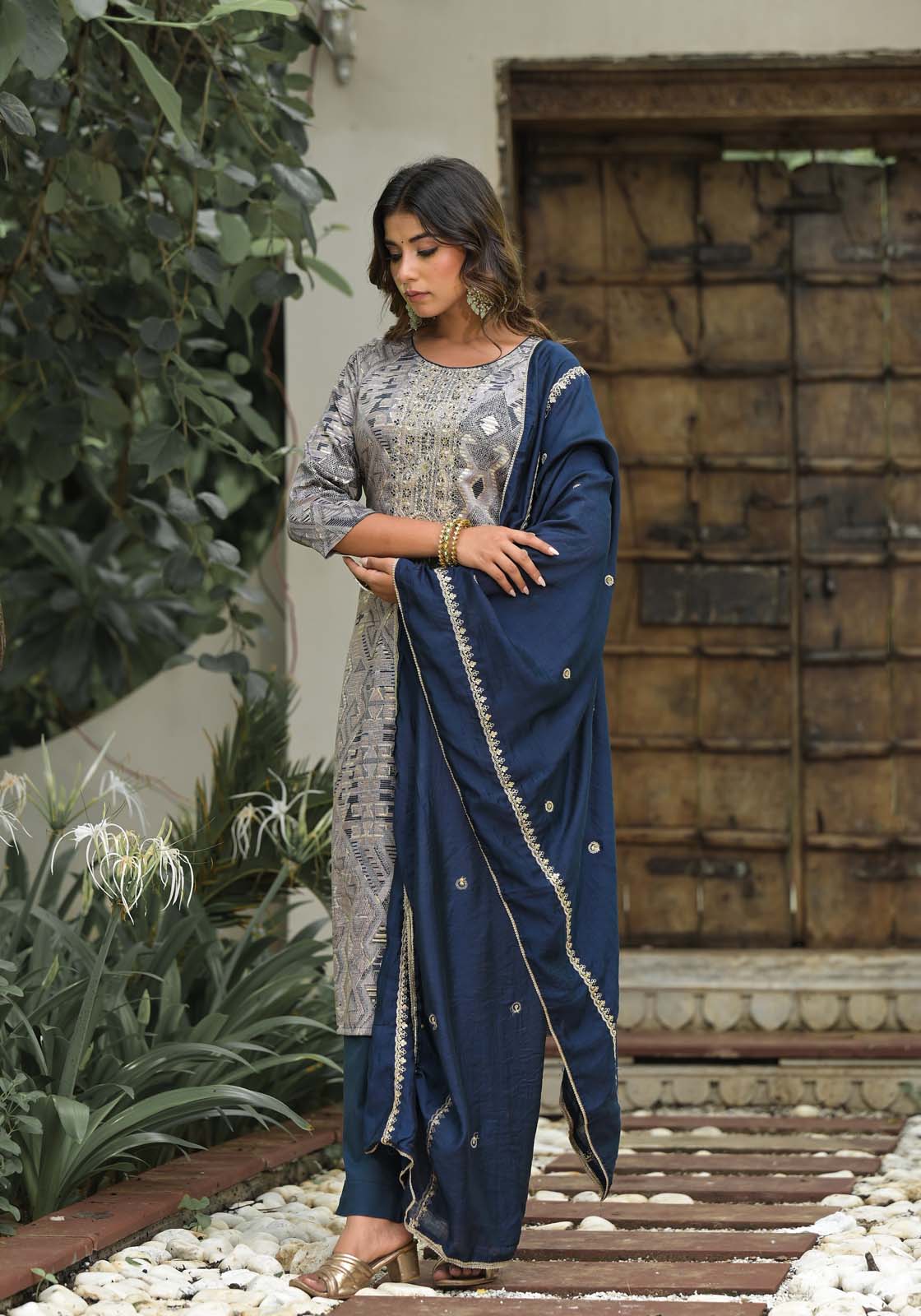Label Khoj Women Jam satin Kurta ,trouser and dupptta set