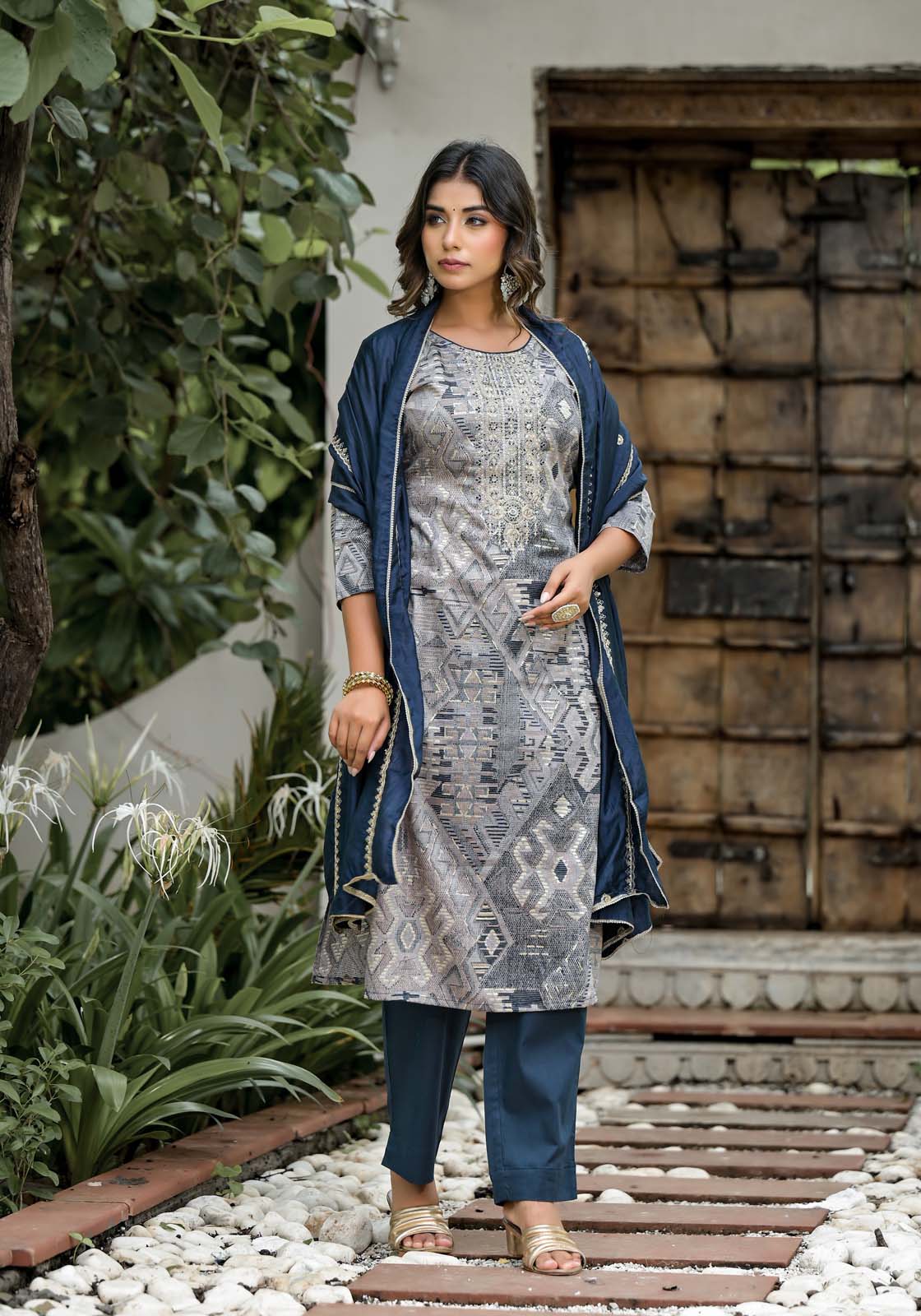 Label Khoj Women Jam satin Kurta ,trouser and dupptta set