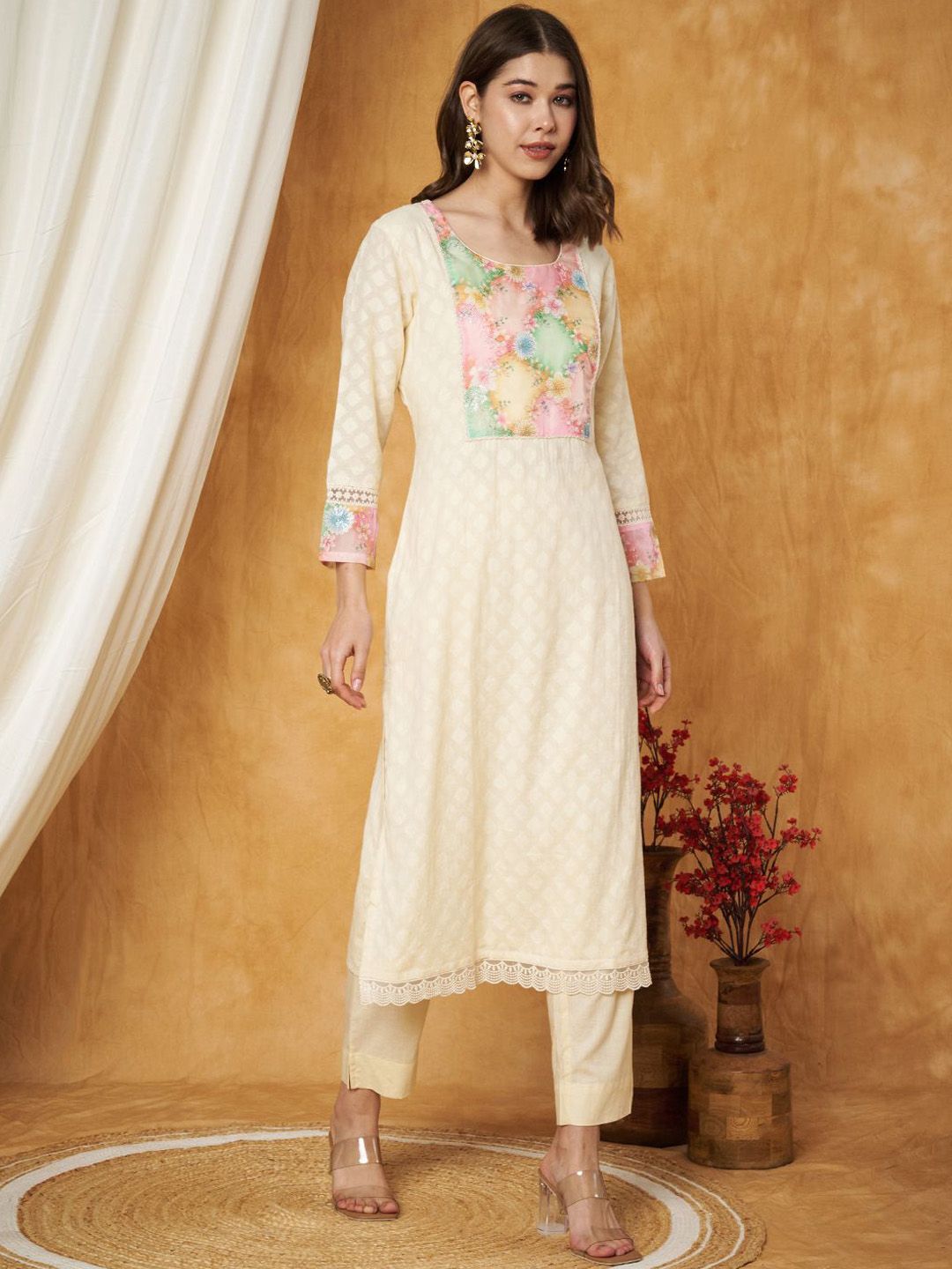 Label Khoj Women's Off White Cotton Jacquard Patch Work Kurta with Pant and Dupatta