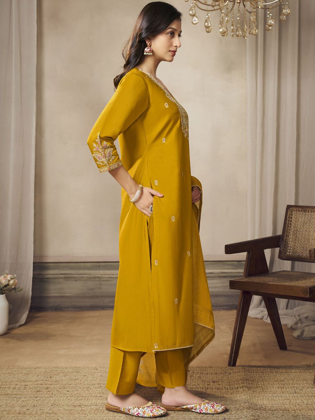 Label khoj Beautiful Anarkali kurta With Pant and Dupatta Set mustard  Color