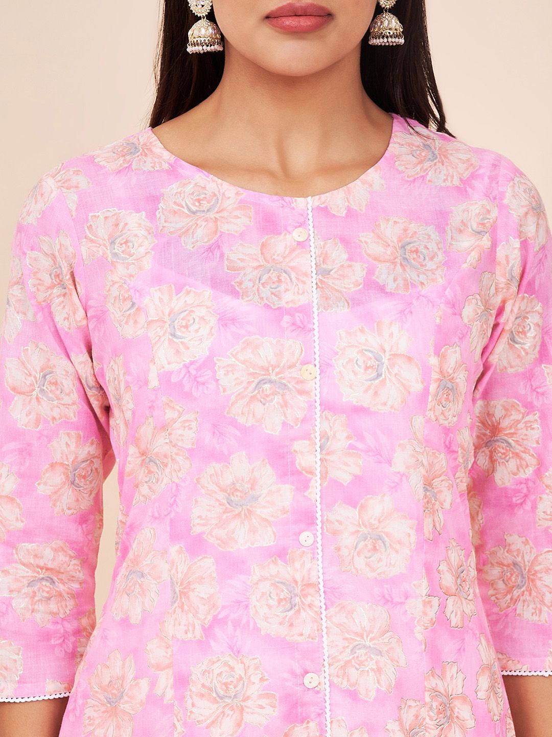 Label Khoj Women Cotton Pink Floral Kurta