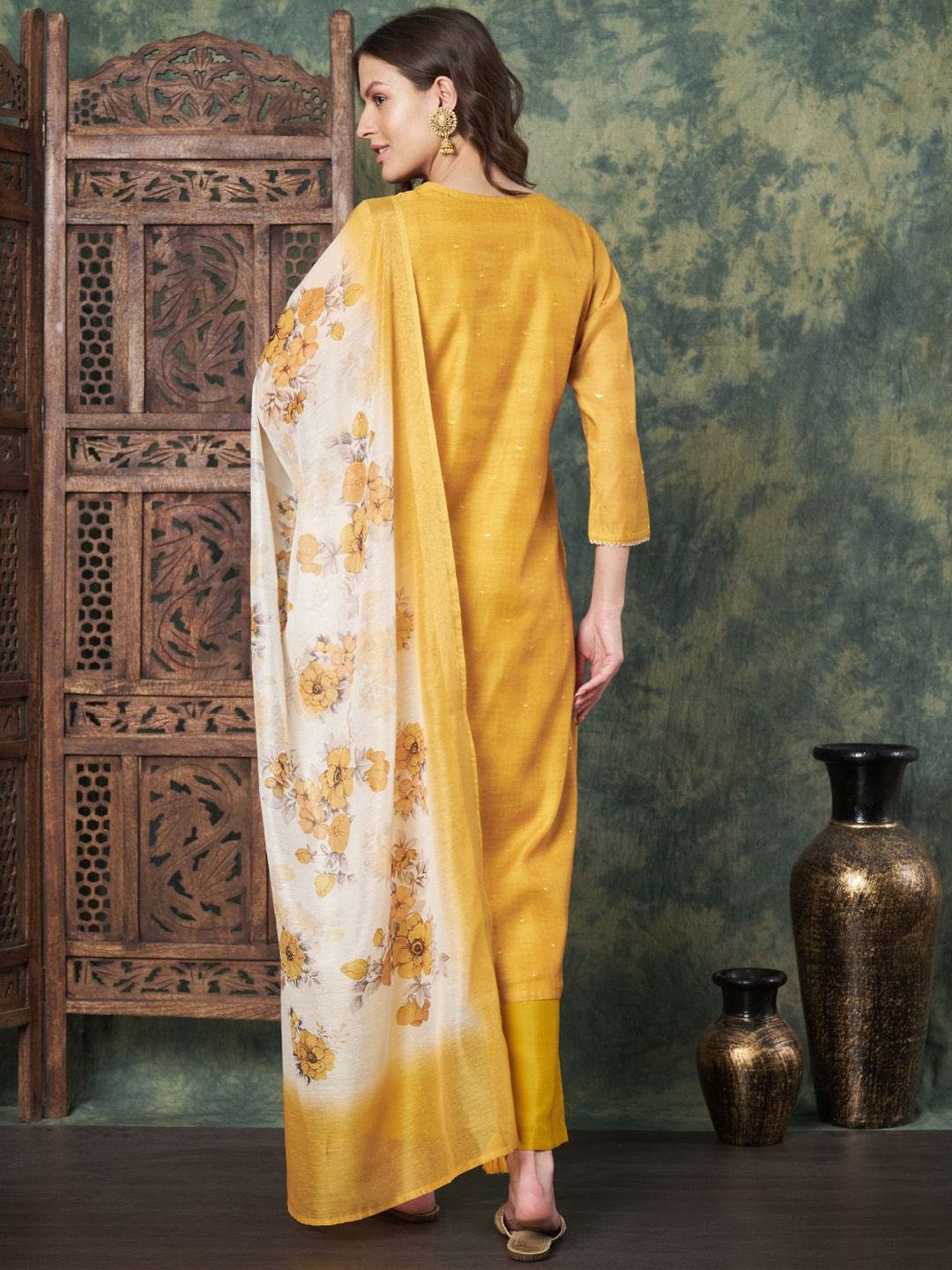 Label Khoj Women's Mustard Chanderi Embroidered Kurta with Pant and Mustard Dupatta