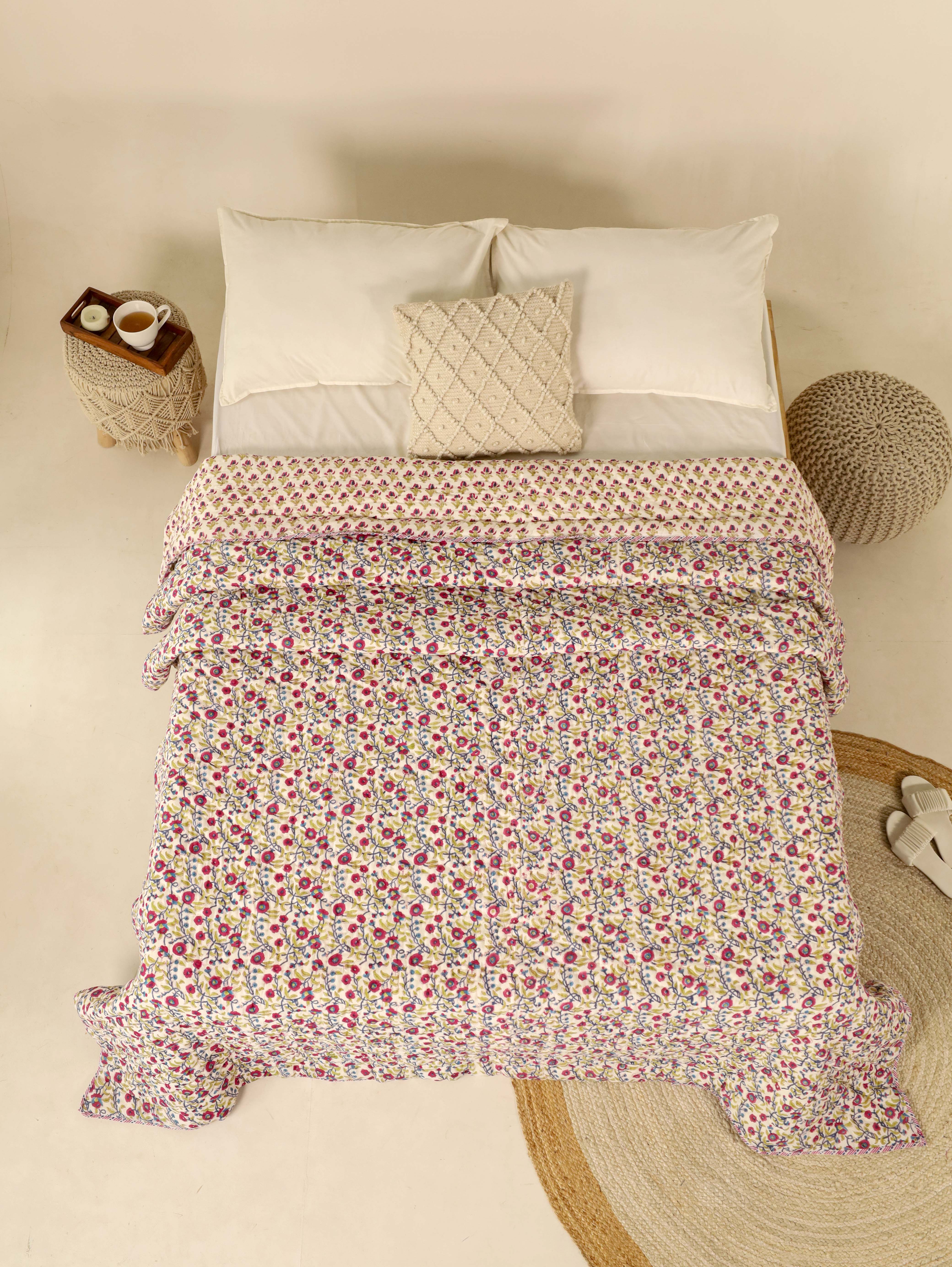 Blue and Maroon Reversible Quilted Bed Razai