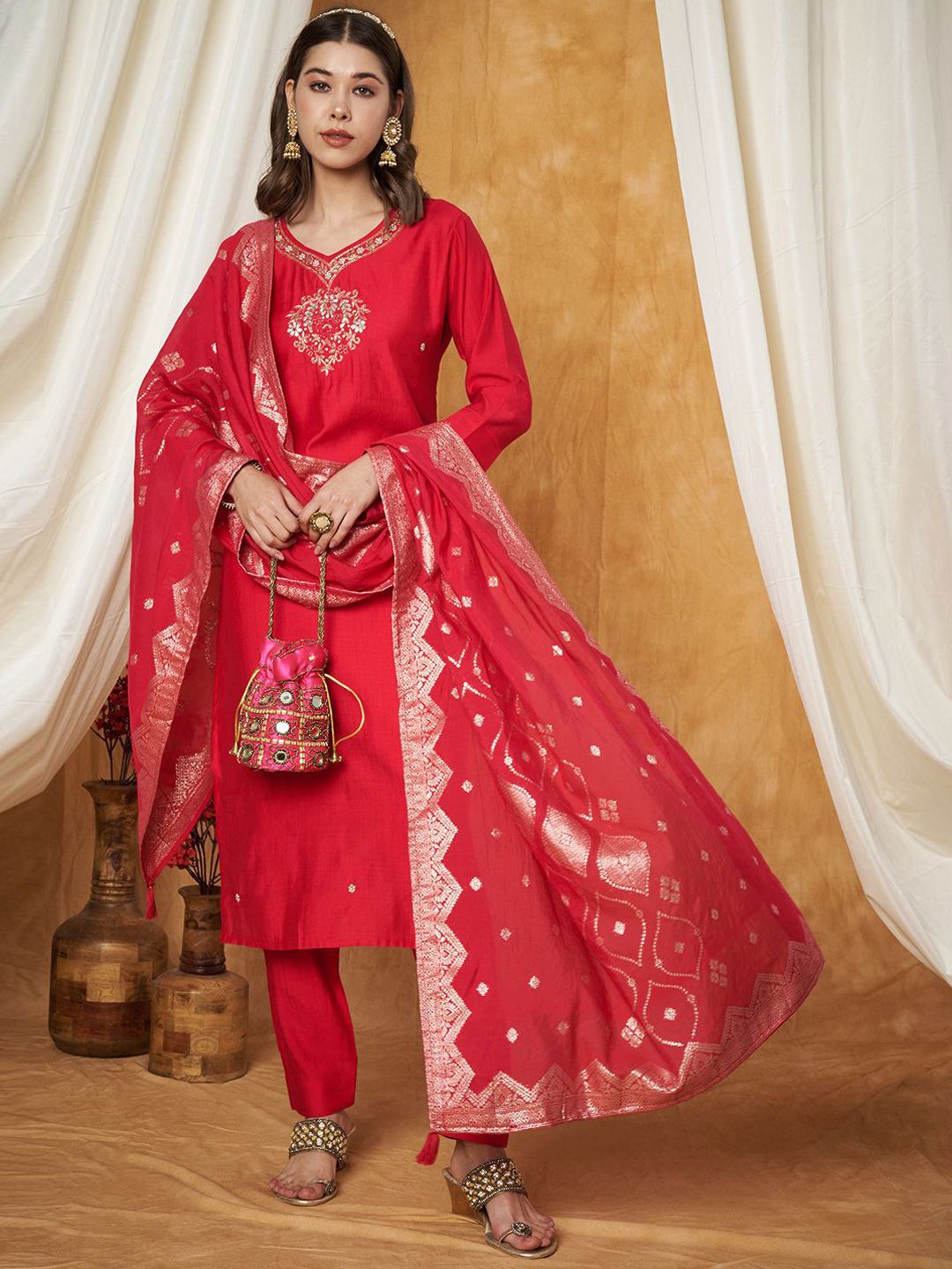 Label Khoj Women's Red Silk Blend Embroidery Kurta with Pant and Dupatta