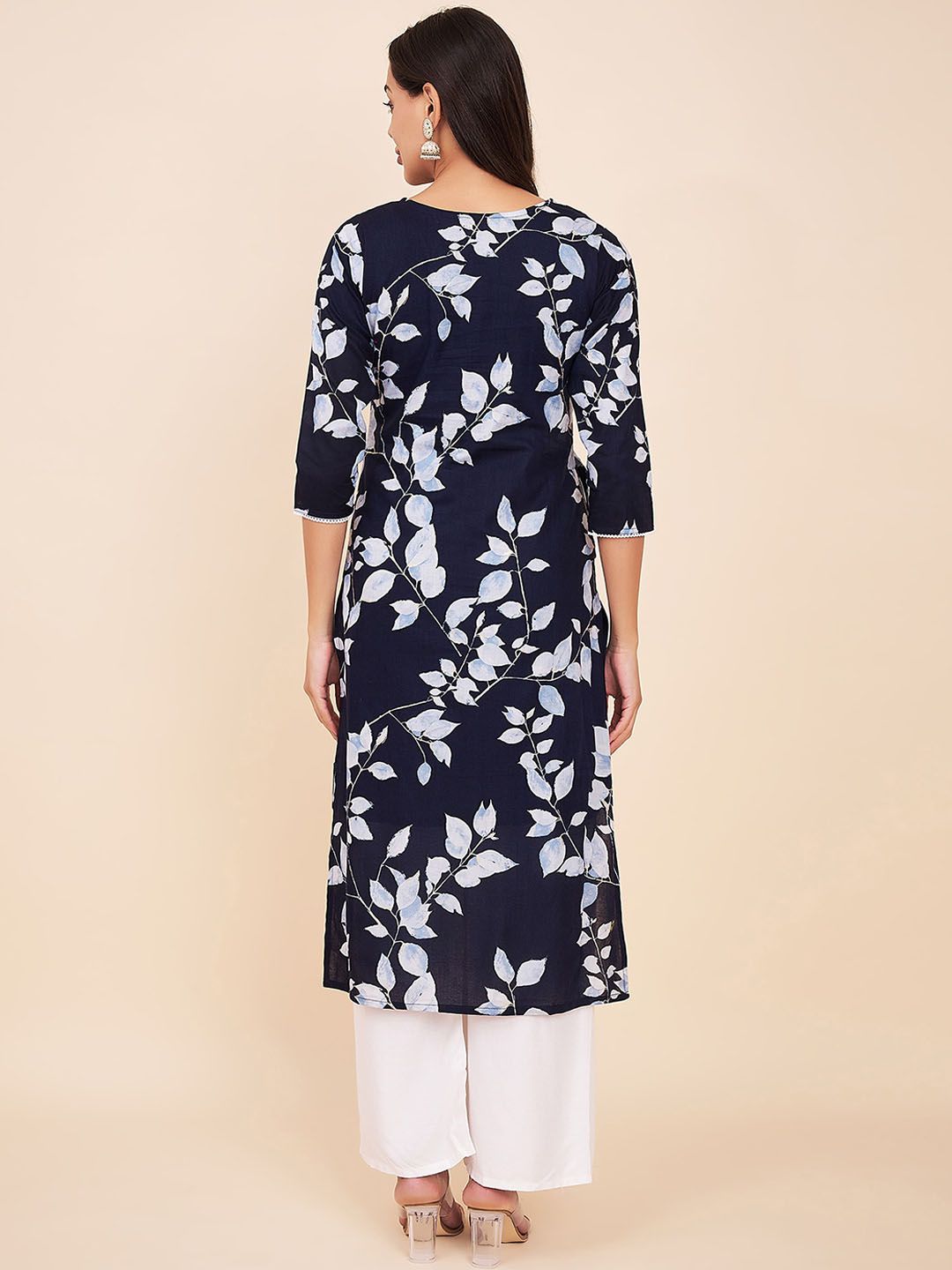 Label Khoj Women Navy Floral Cotton Kurta