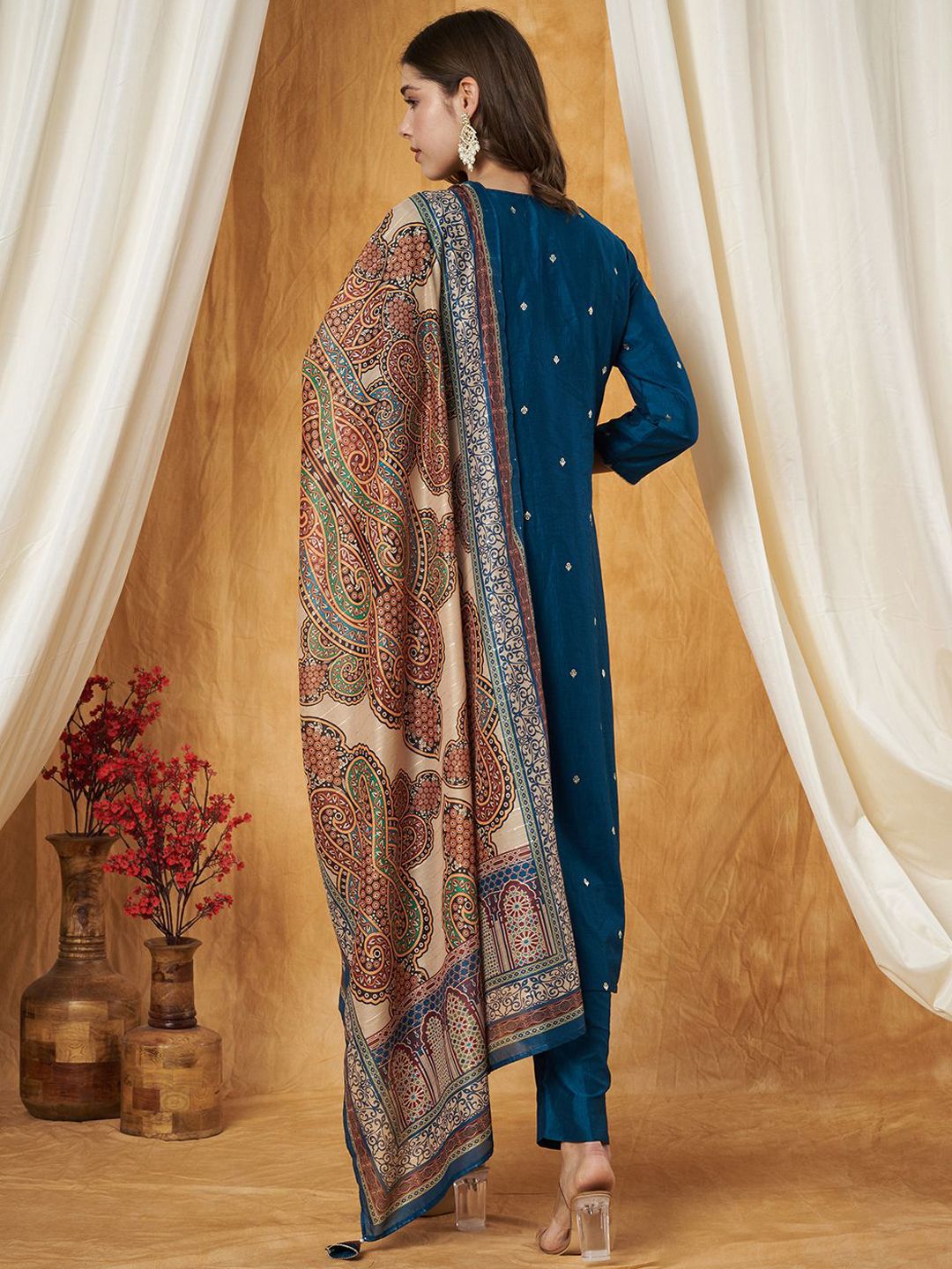 Label Khoj Women's Black Chinon Hand Embroidery Kurta with Pant and Dupatta