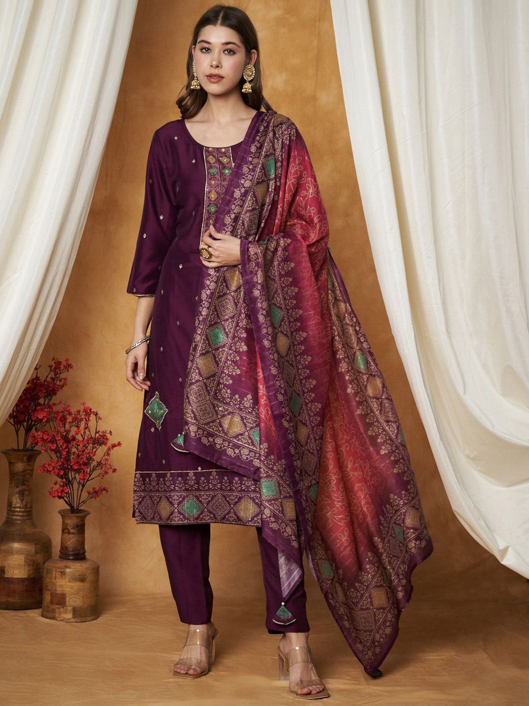 Label Khoj Women's Black Chinon Hand Embroidery Kurta with Pant and Dupatta